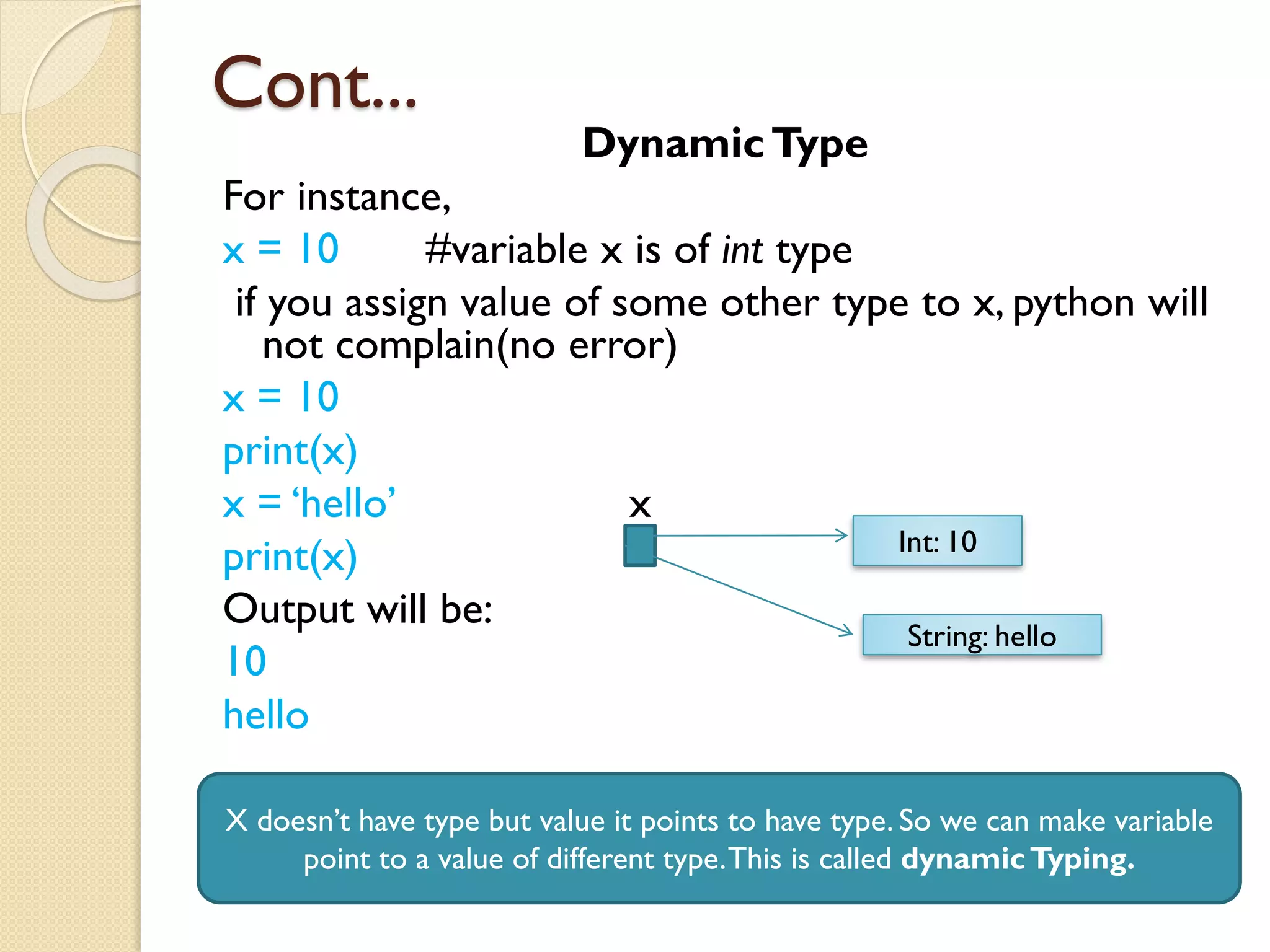 Cont...
DynamicType
For instance,
x = 10 #variable x is of int type
if you assign value of some other type to x, python will
not complain(no error)
x = 10
print(x)
x = ‘hello’ x
print(x)
Output will be:
10
hello
Int: 10
String: hello
X doesn’t have type but value it points to have type. So we can make variable
point to a value of different type.This is called dynamicTyping.
 