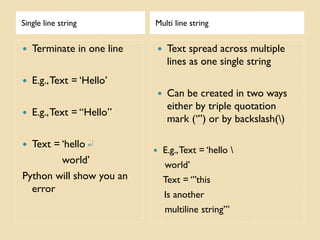 Single line string Multi line string
 Terminate in one line
 E.g.,Text = ‘Hello’
 E.g.,Text = “Hello”
 Text = ‘hello
world’
Python will show you an
error
 Text spread across multiple
lines as one single string
 Can be created in two ways
either by triple quotation
mark (‘’’) or by backslash()
 E.g.,Text = ‘hello 
world’
Text = ‘’’this
Is another
multiline string’’’
 