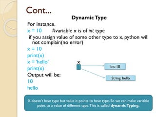 Cont...
DynamicType
For instance,
x = 10 #variable x is of int type
if you assign value of some other type to x, python will
not complain(no error)
x = 10
print(x)
x = ‘hello’ x
print(x)
Output will be:
10
hello
Int: 10
String: hello
X doesn’t have type but value it points to have type. So we can make variable
point to a value of different type.This is called dynamicTyping.
 