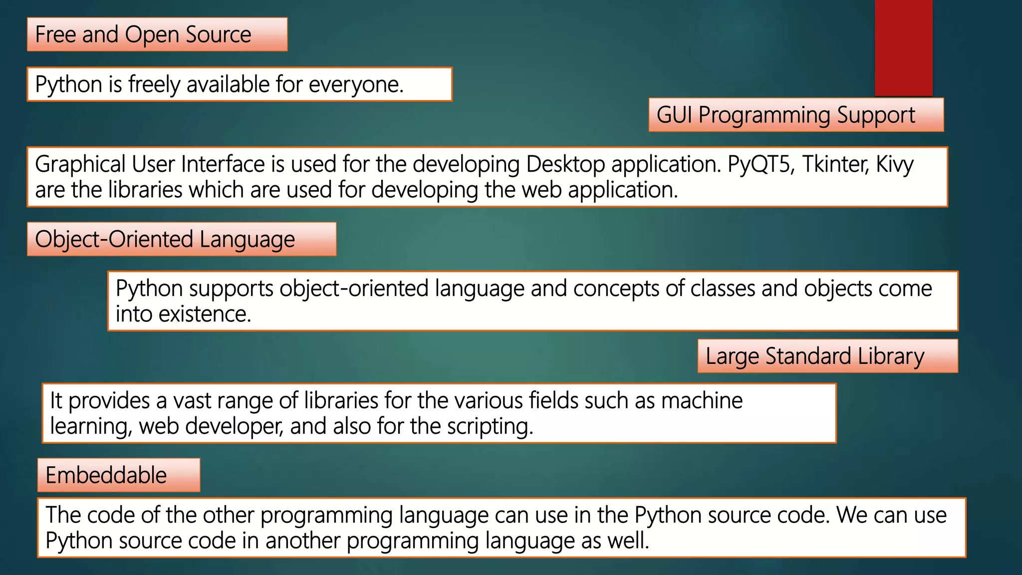 Free and Open Source
Object-Oriented Language
Large Standard Library
GUI Programming Support
Embeddable
Python is freely available for everyone.
Python supports object-oriented language and concepts of classes and objects come
into existence.
It provides a vast range of libraries for the various fields such as machine
learning, web developer, and also for the scripting.
The code of the other programming language can use in the Python source code. We can use
Python source code in another programming language as well.
Graphical User Interface is used for the developing Desktop application. PyQT5, Tkinter, Kivy
are the libraries which are used for developing the web application.
 