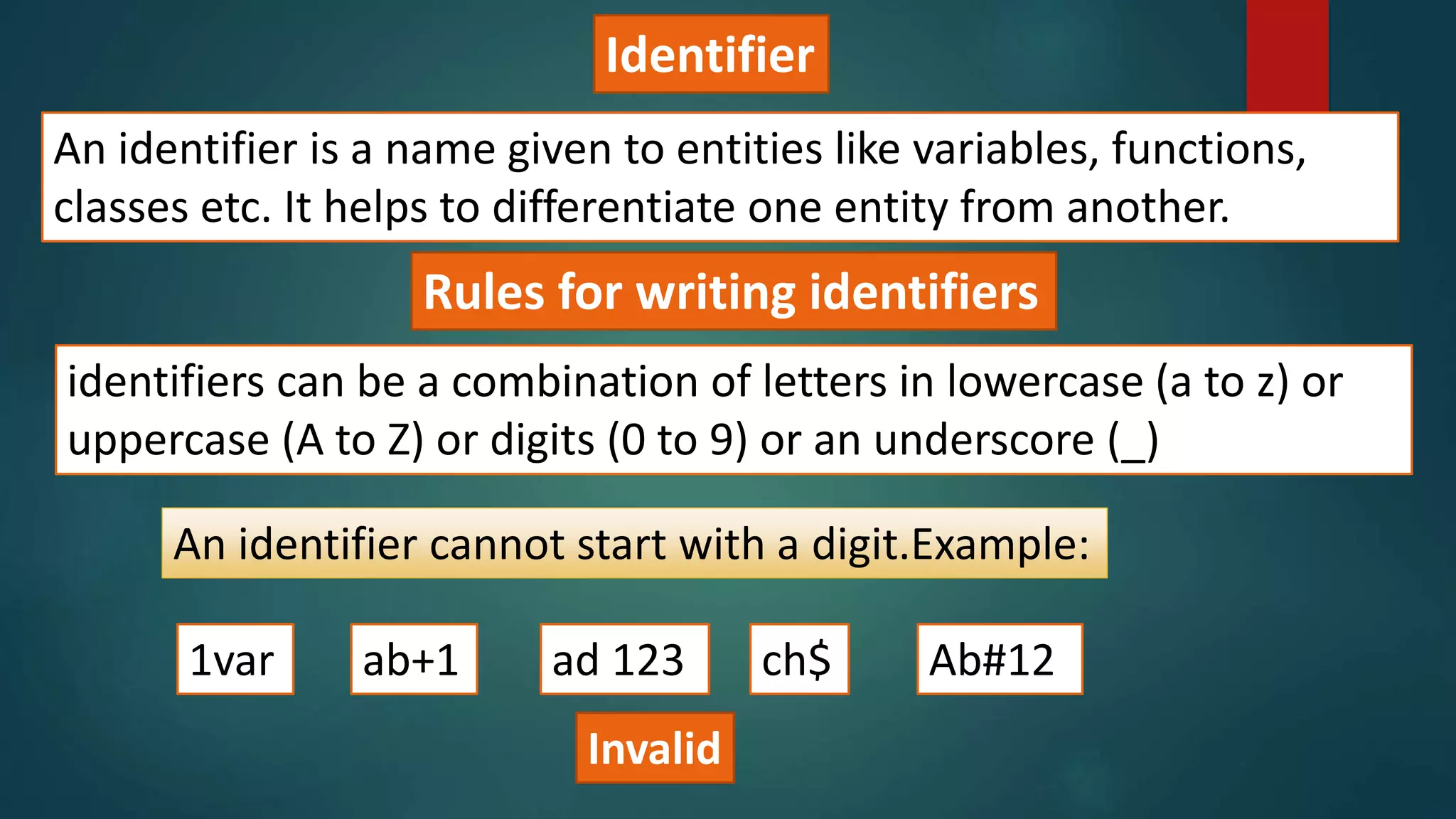 Identifier
An identifier is a name given to entities like variables, functions,
classes etc. It helps to differentiate one entity from another.
Rules for writing identifiers
identifiers can be a combination of letters in lowercase (a to z) or
uppercase (A to Z) or digits (0 to 9) or an underscore (_)
An identifier cannot start with a digit.Example:
1var ab+1 ad 123 ch$ Ab#12
Invalid
 