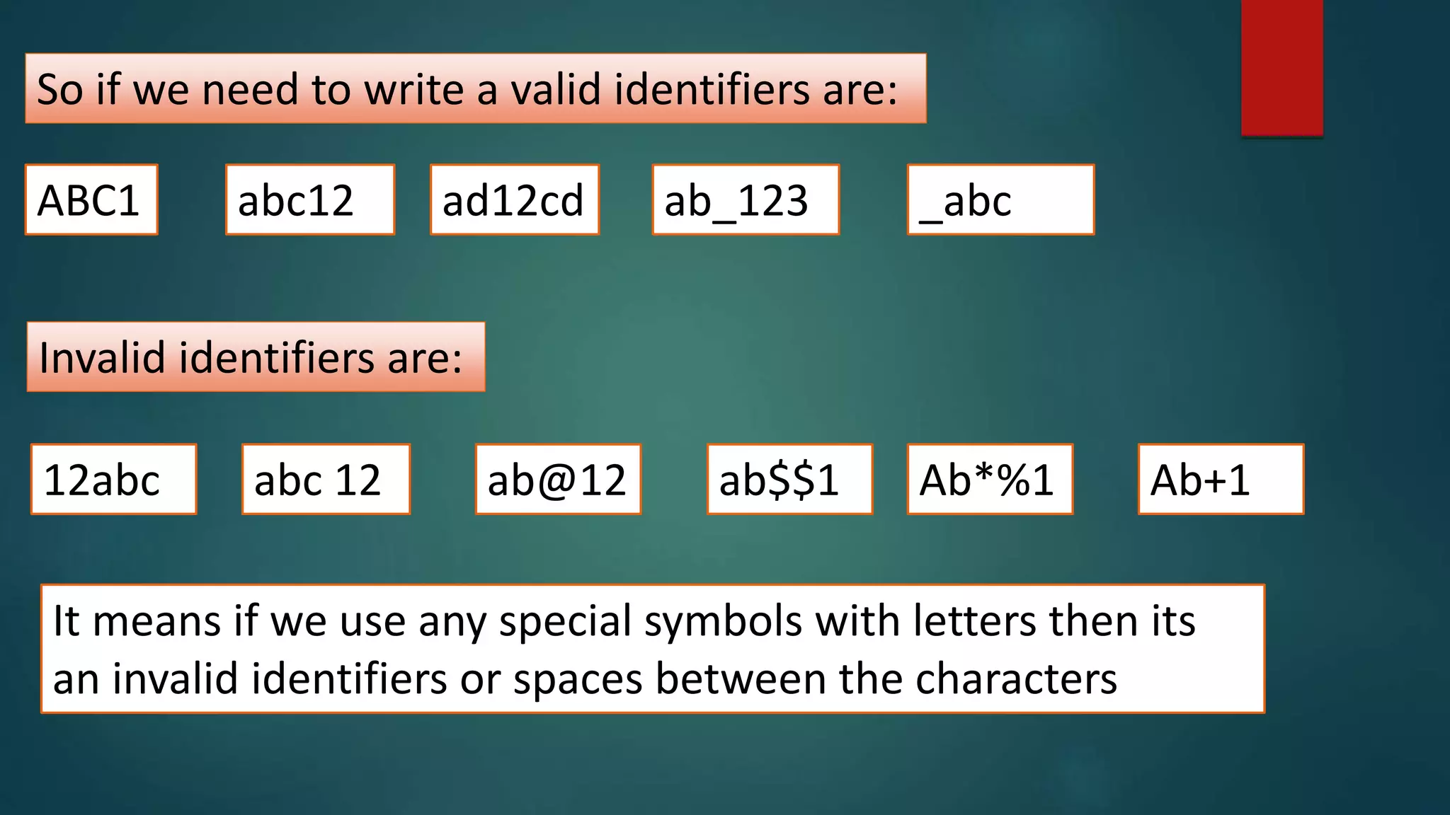 So if we need to write a valid identifiers are:
ABC1 abc12 ad12cd ab_123 _abc
Invalid identifiers are:
12abc abc 12 ab@12 ab$$1 Ab*%1
It means if we use any special symbols with letters then its
an invalid identifiers or spaces between the characters
Ab+1
 