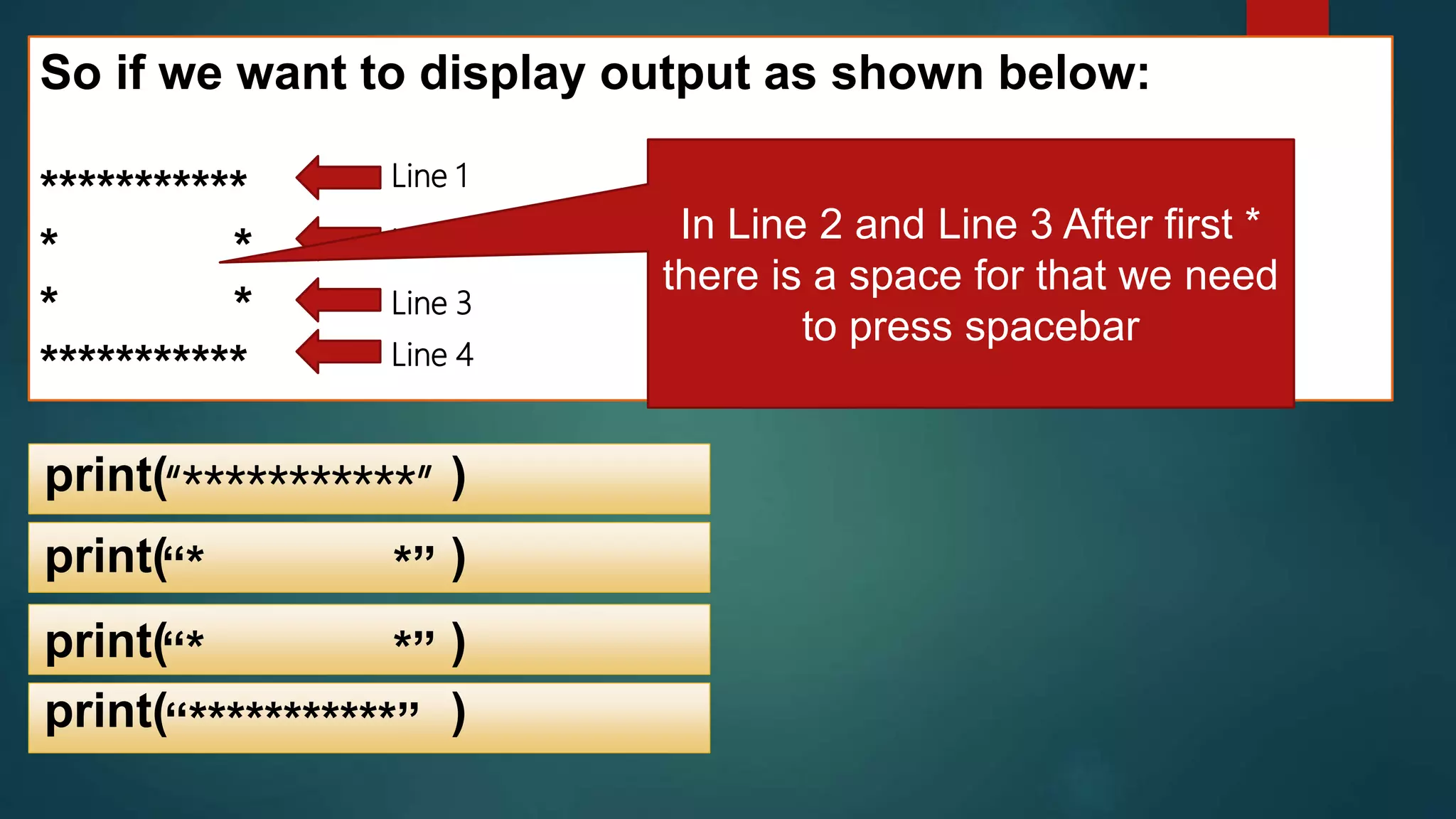 So if we want to display output as shown below:
***********
* *
* *
***********
Line 1
Line 2
Line 3
Line 4
“***********”print( )
print( )“* *”
print( )“* *”
print( )“***********”
In Line 2 and Line 3 After first *
there is a space for that we need
to press spacebar
 