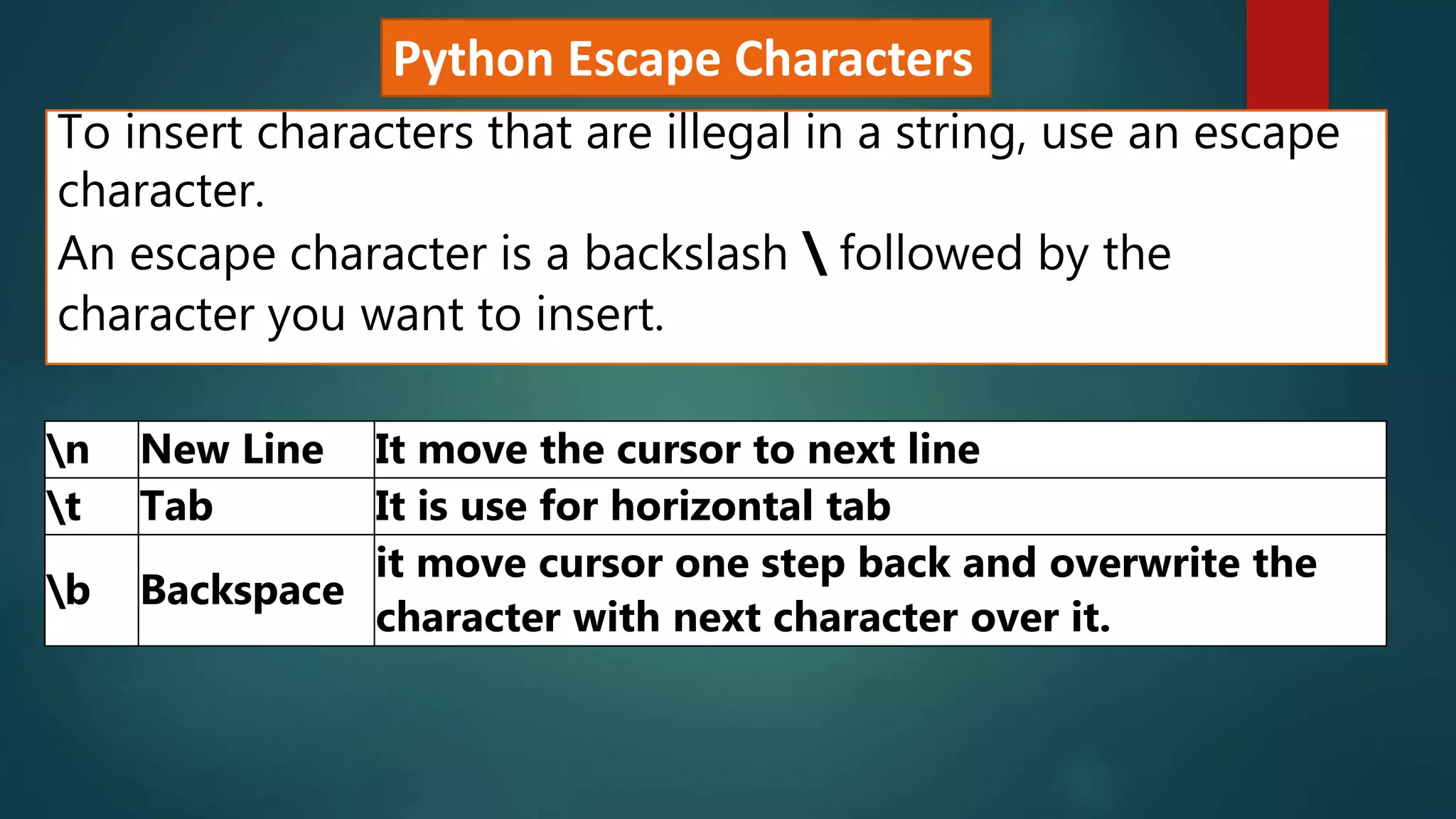 Python Escape Characters
To insert characters that are illegal in a string, use an escape
character.
An escape character is a backslash  followed by the
character you want to insert.
n New Line It move the cursor to next line
t Tab It is use for horizontal tab
b Backspace
it move cursor one step back and overwrite the
character with next character over it.
 
