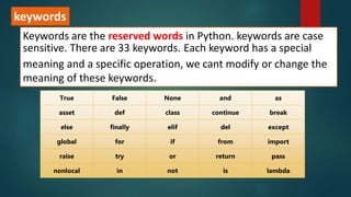 keywords
Keywords are the reserved words in Python. keywords are case
sensitive. There are 33 keywords. Each keyword has a special
meaning and a specific operation, we cant modify or change the
meaning of these keywords.
True False None and as
asset def class continue break
else finally elif del except
global for if from import
raise try or return pass
nonlocal in not is lambda
 