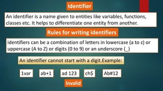 Identifier
An identifier is a name given to entities like variables, functions,
classes etc. It helps to differentiate one entity from another.
Rules for writing identifiers
identifiers can be a combination of letters in lowercase (a to z) or
uppercase (A to Z) or digits (0 to 9) or an underscore (_)
An identifier cannot start with a digit.Example:
1var ab+1 ad 123 ch$ Ab#12
Invalid
 