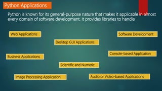 Python is known for its general-purpose nature that makes it applicable in almost
every domain of software development. It provides libraries to handle
Python Applications
Web Applications
Desktop GUI Applications
Console-based Application
Software Development
Scientific and Numeric
Business Applications
Audio or Video-based ApplicationsImage Processing Application
 