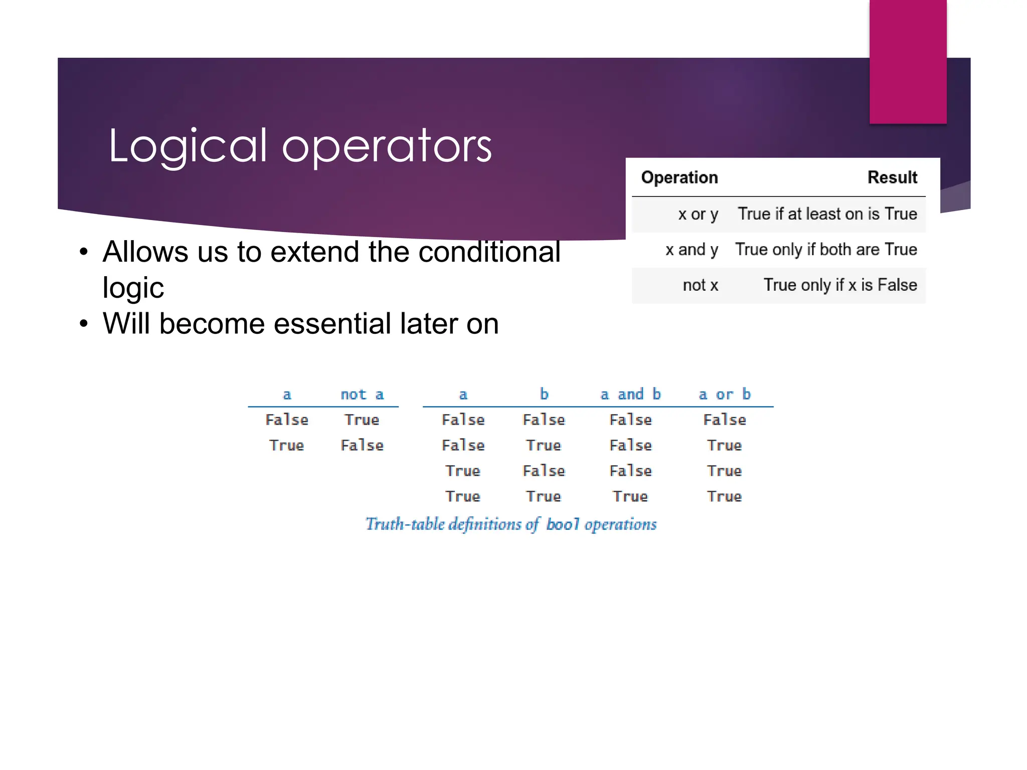 Logical operators
• Allows us to extend the conditional
logic
• Will become essential later on
 