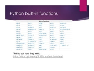 Python built-in functions
To find out how they work:
https://docs.python.org/3.3/library/functions.html
 
