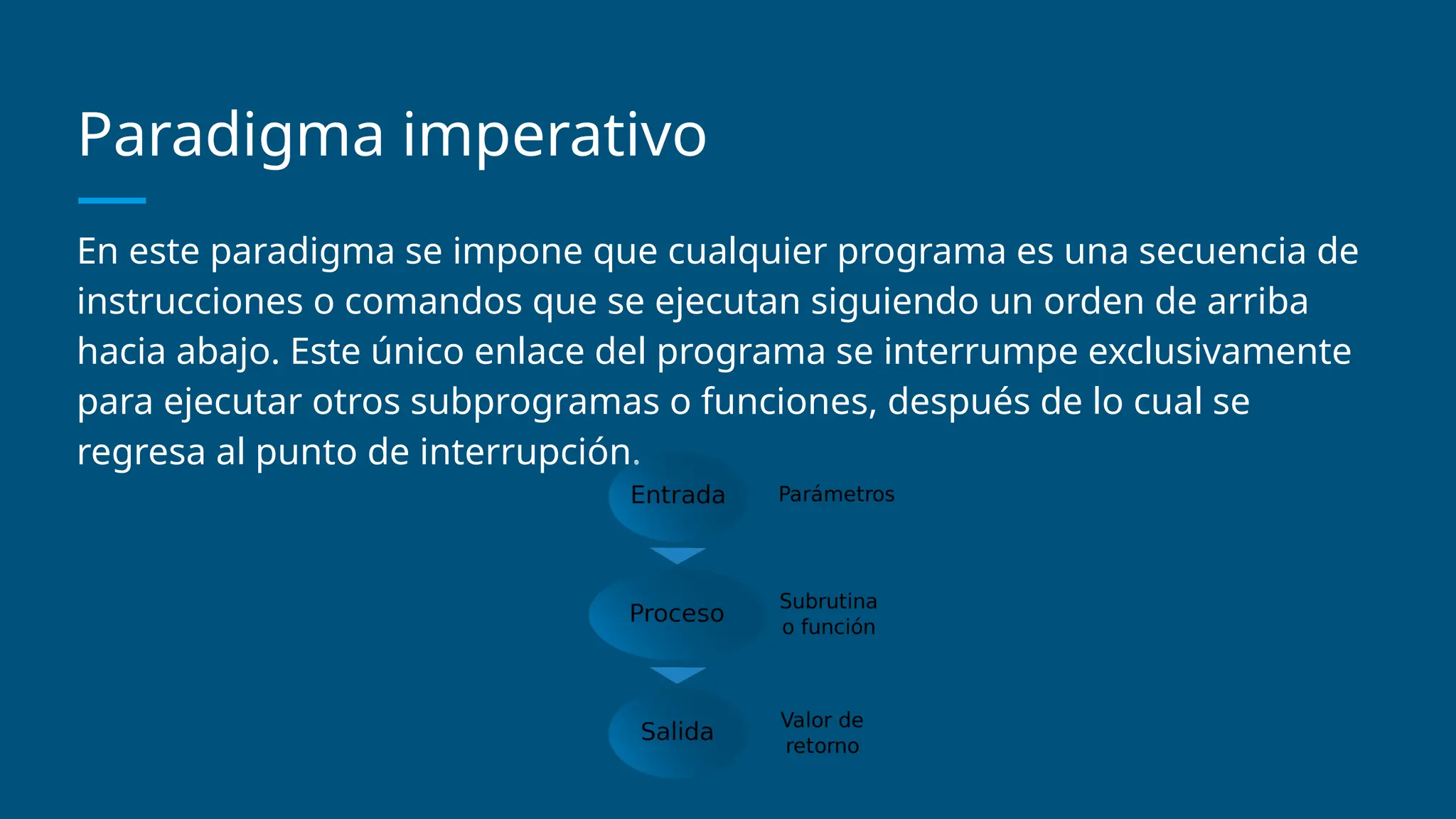 Paradigma imperativo
En este paradigma se impone que cualquier programa es una secuencia de
instrucciones o comandos que se ejecutan siguiendo un orden de arriba
hacia abajo. Este único enlace del programa se interrumpe exclusivamente
para ejecutar otros subprogramas o funciones, después de lo cual se
regresa al punto de interrupción.
 