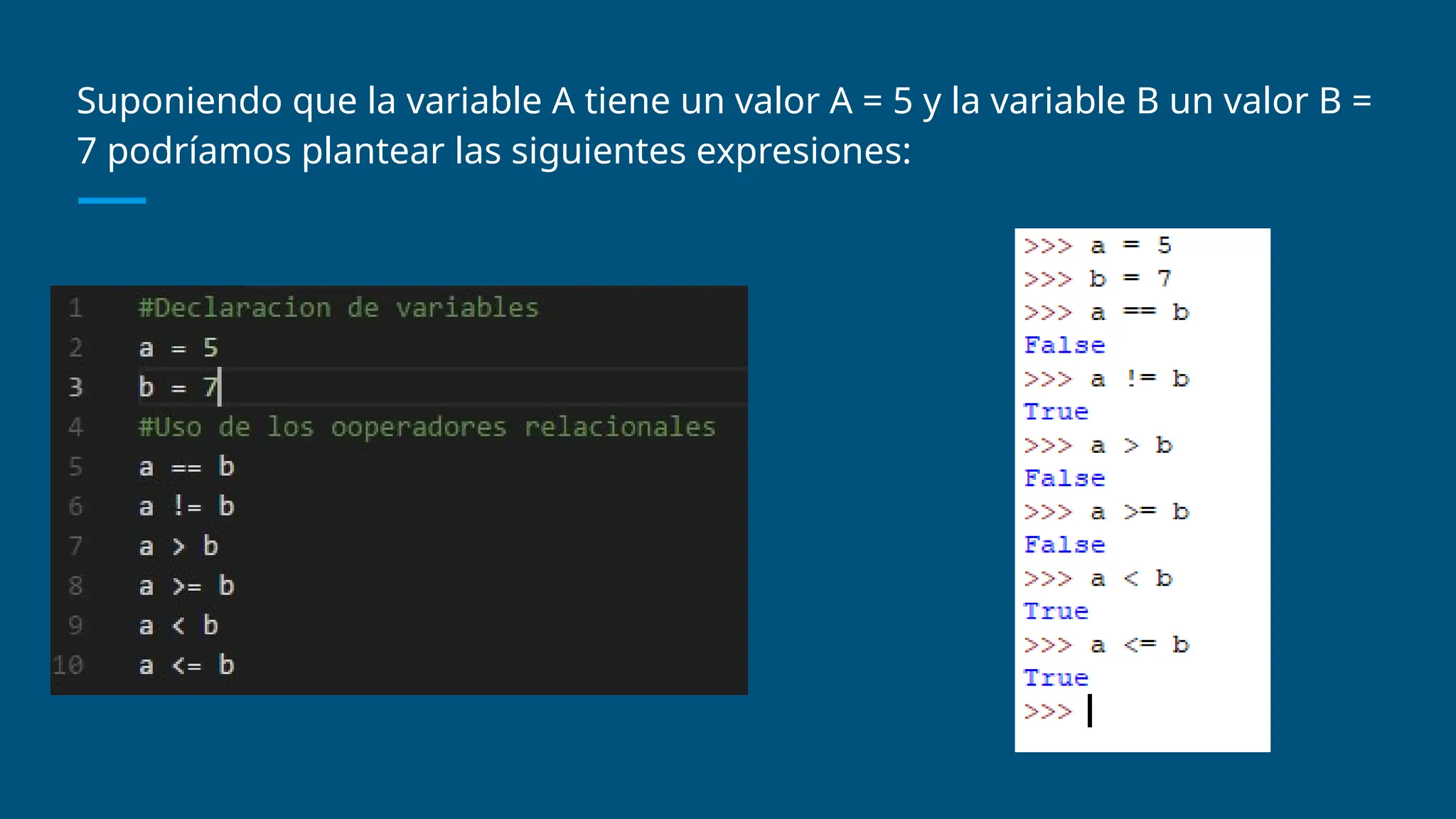 Suponiendo que la variable A tiene un valor A = 5 y la variable B un valor B =
7 podríamos plantear las siguientes expresiones:
 