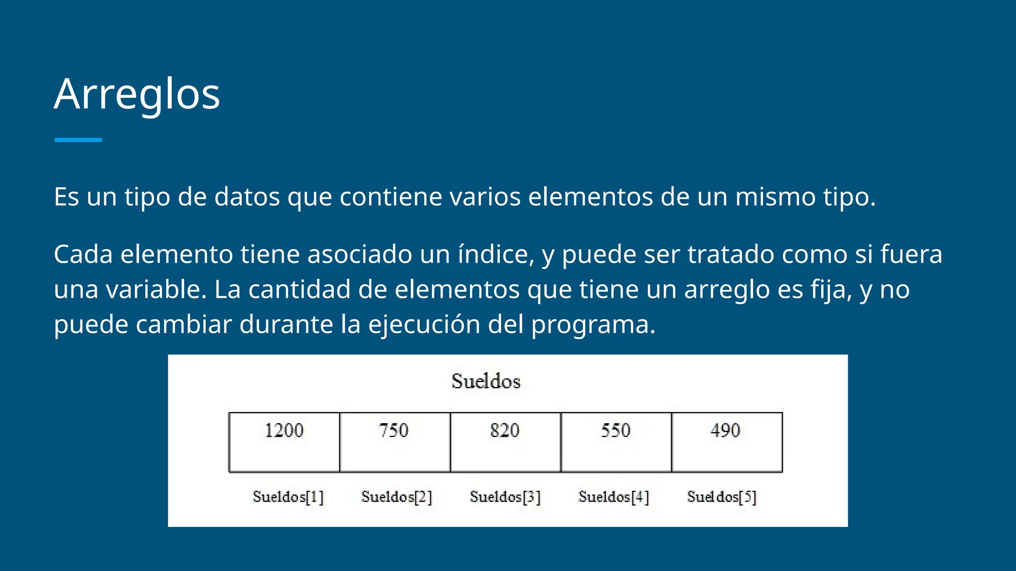 Arreglos
Es un tipo de datos que contiene varios elementos de un mismo tipo.
Cada elemento tiene asociado un índice, y puede ser tratado como si fuera
una variable. La cantidad de elementos que tiene un arreglo es fija, y no
puede cambiar durante la ejecución del programa.
 