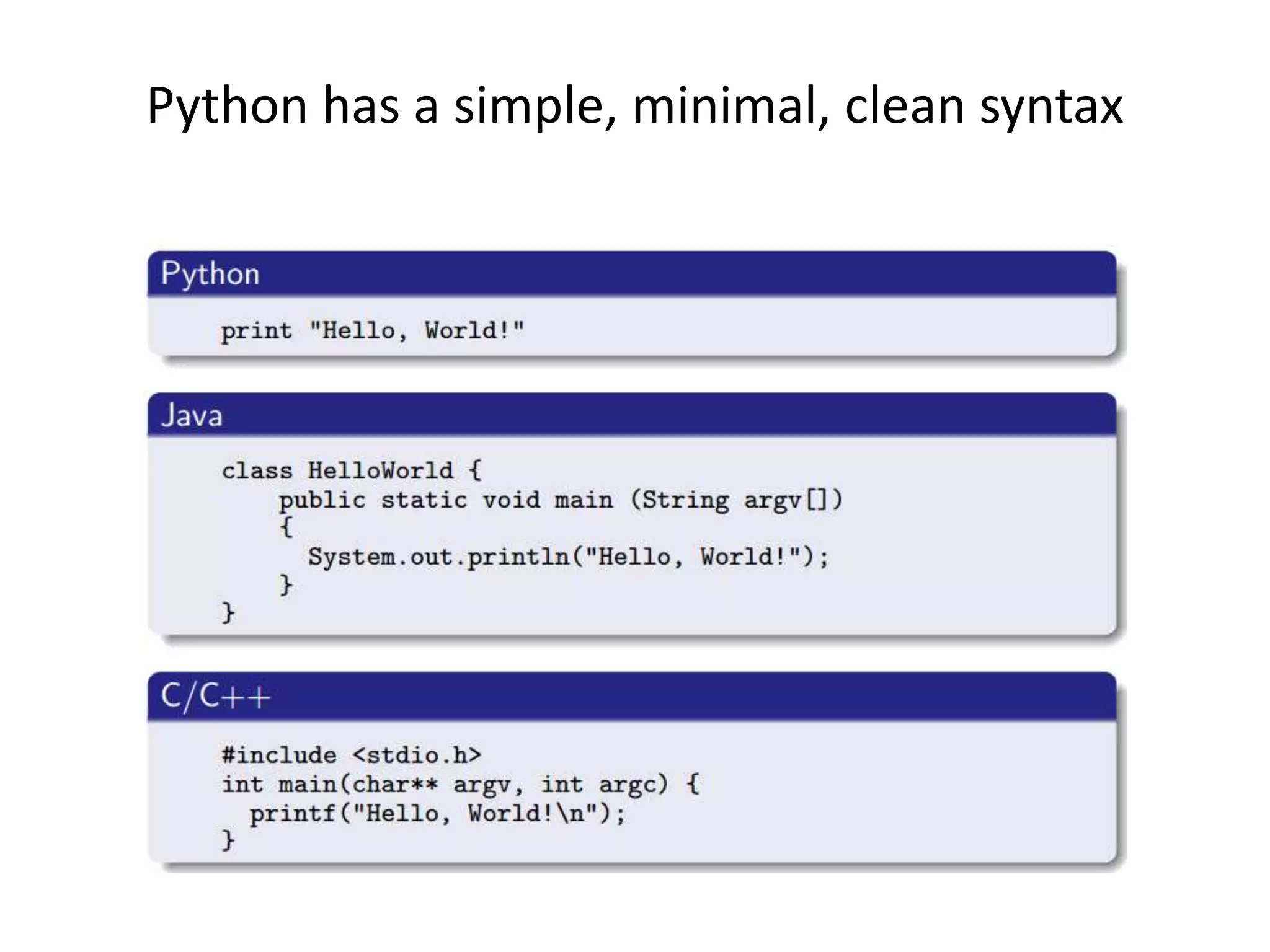 Python has a simple, minimal, clean syntax
 