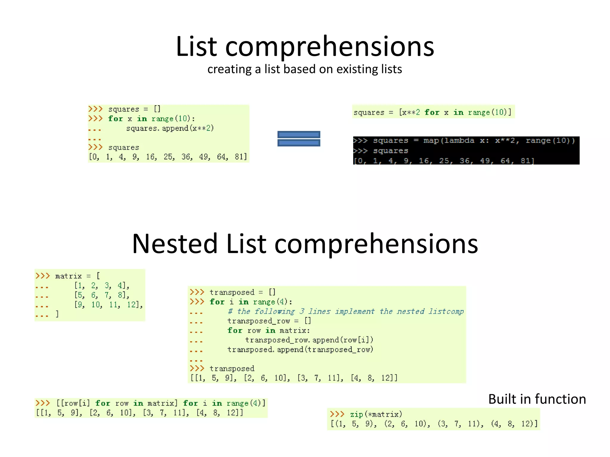 List comprehensions
creating a list based on existing lists
Nested List comprehensions
Built in function
 