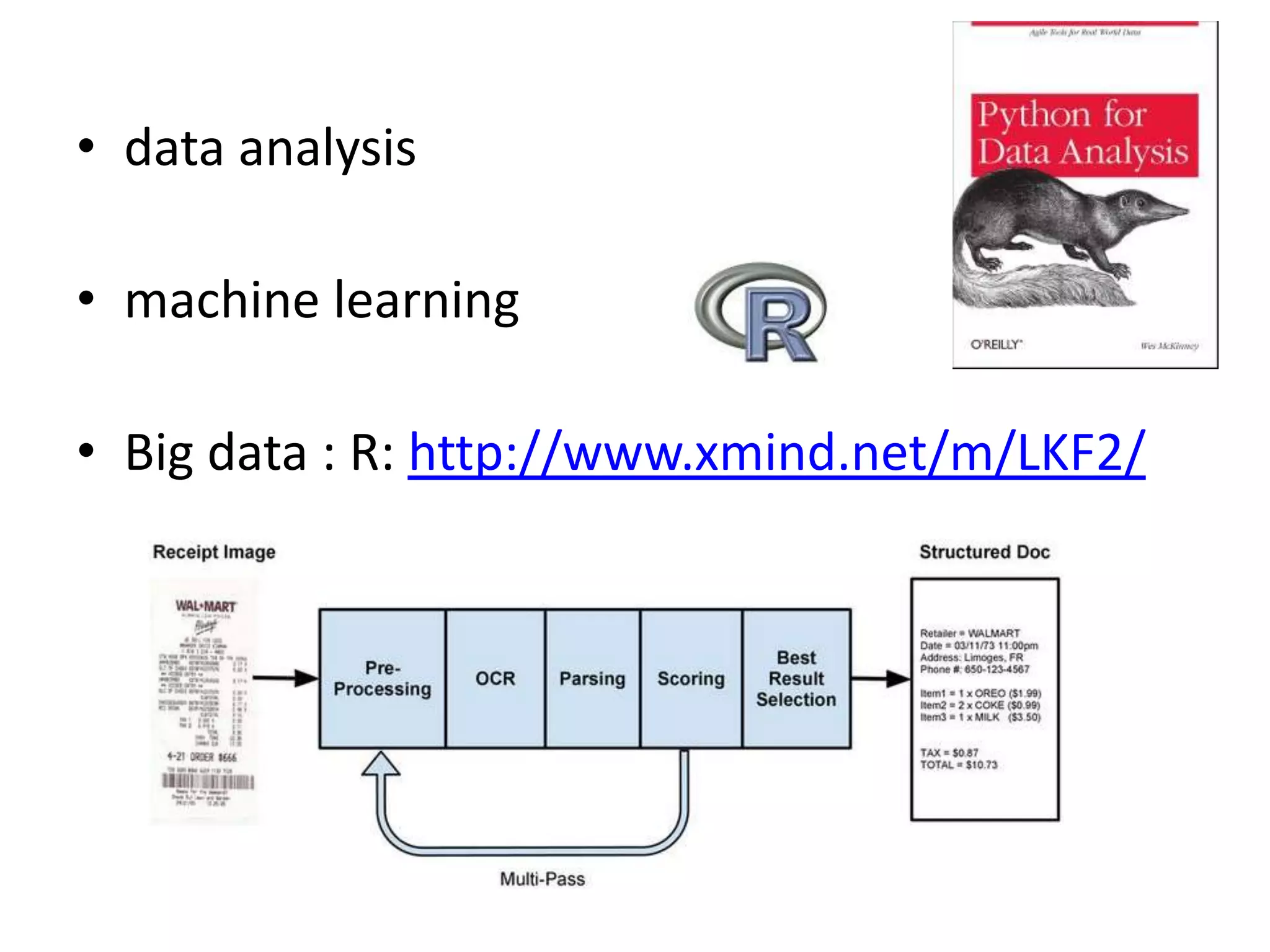 • data analysis
• machine learning
• Big data : R: http://www.xmind.net/m/LKF2/
 