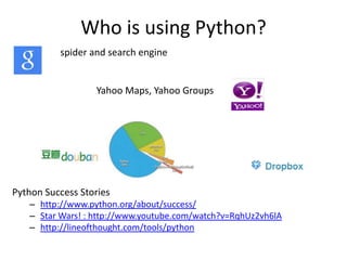 Who is using Python?
spider and search engine
Yahoo Maps, Yahoo Groups
Python Success Stories
– http://www.python.org/about/success/
– Star Wars! : http://www.youtube.com/watch?v=RqhUz2vh6lA
– http://lineofthought.com/tools/python
 