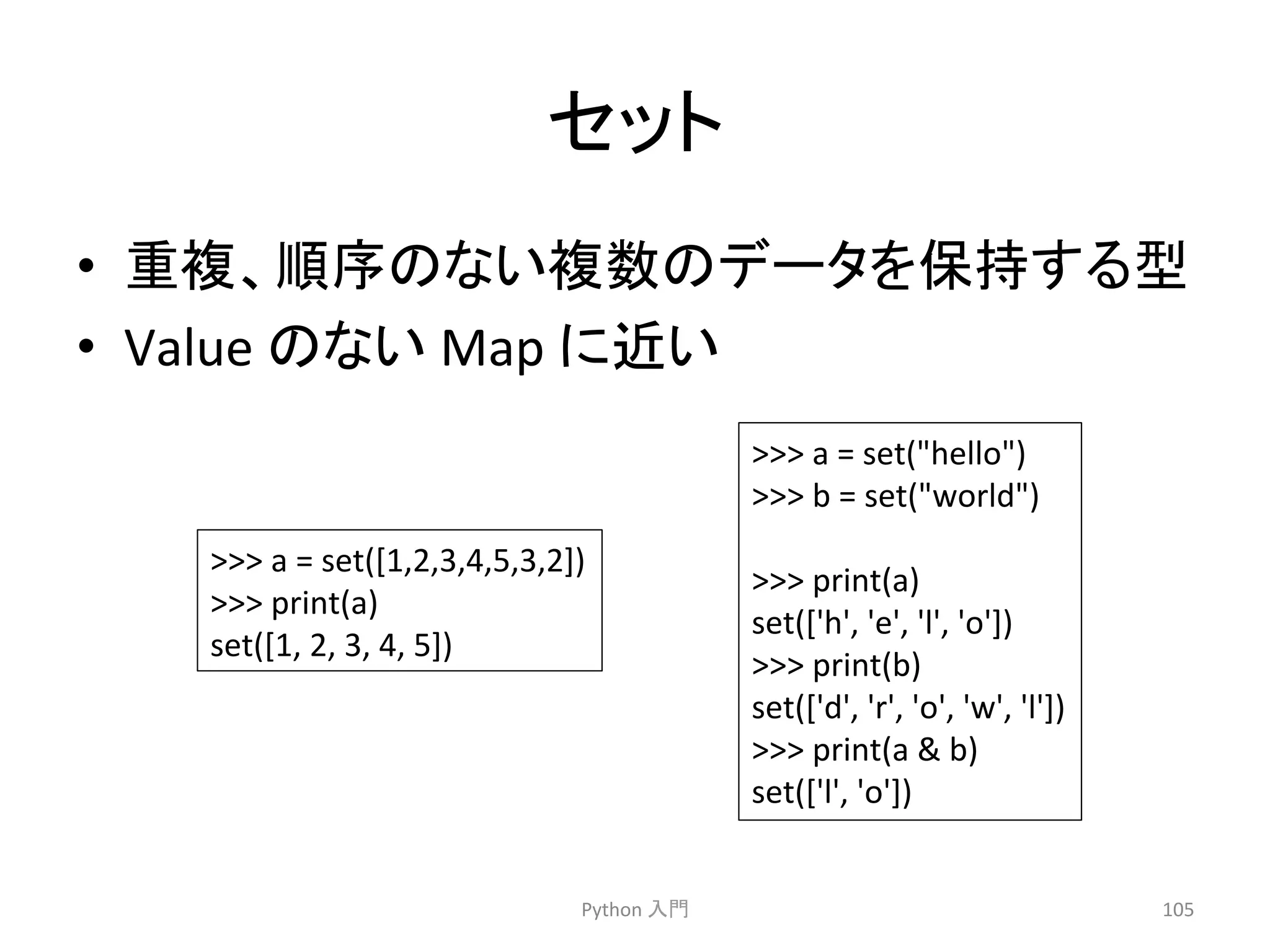 䝉䝑䝖 
• 㔜」䚸㡰ᗎ䛾䛺䛔」ᩘ䛾䝕䞊䝍䜢ಖᣢ䛩䜛ᆺ 
• Value 
䛾䛺䛔 
Map 
䛻㏆䛔 
Python 
ධ㛛 
105 
 
a 
= 
set([1,2,3,4,5,3,2]) 
 
print(a) 
set([1, 
2, 
3, 
4, 
5]) 
 
a 
= 
set(hello) 
 
b 
= 
set(world) 
 
print(a) 
set(['h', 
'e', 
'l', 
'o']) 
 
print(b) 
set(['d', 
'r', 
'o', 
'w', 
'l']) 
 
print(a 
 
b) 
set(['l', 
'o']) 
 