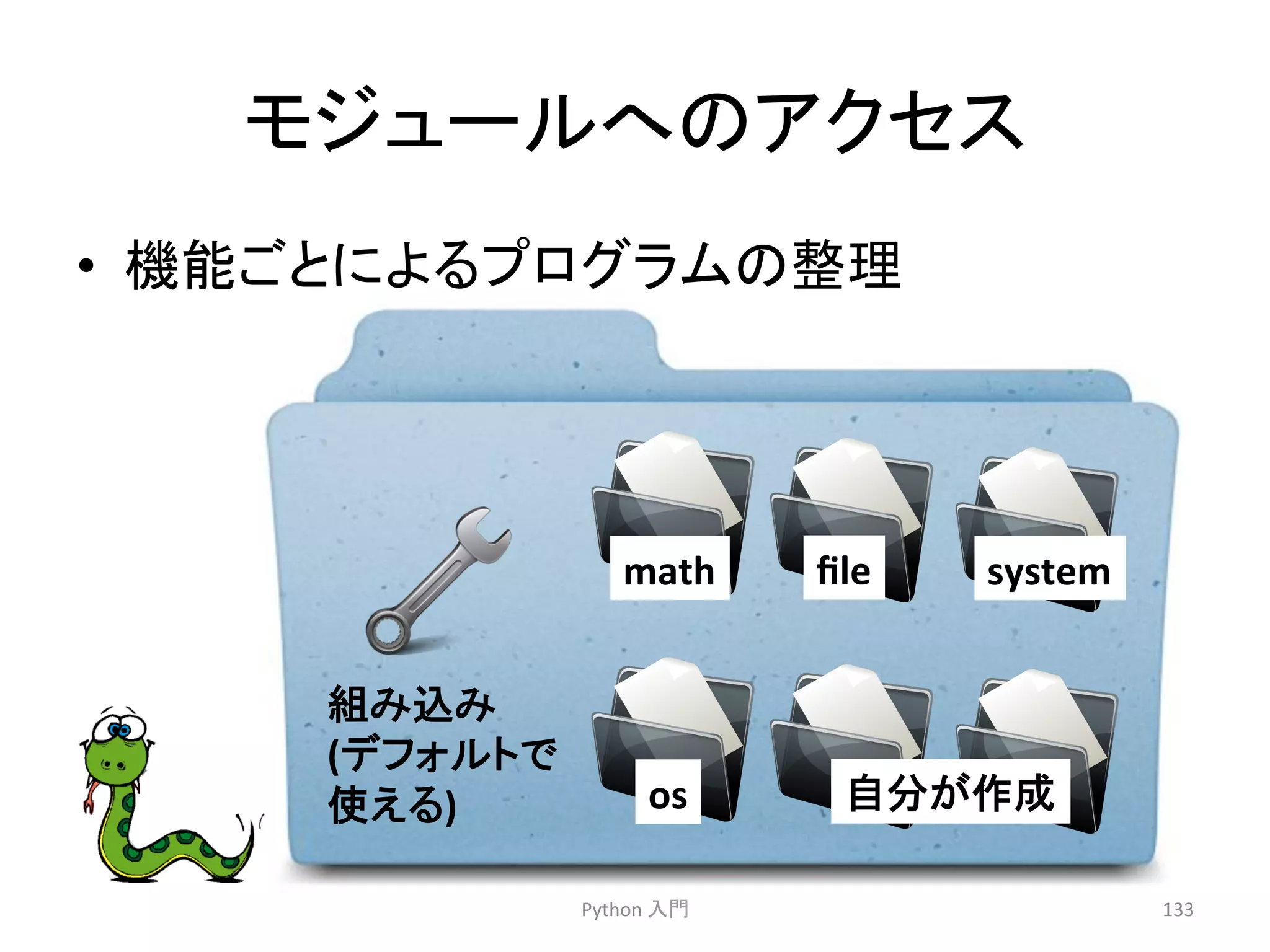 䝰䝆䝳䞊䝹䜈䛾䜰䜽䝉䝇 
• ᶵ⬟䛤䛸䛻䜘䜛䝥䝻䜾䝷䝮䛾ᩚ⌮ 
Python 
ධ㛛 
133 
math 
file 
system 
os 
⮬ศ䛜సᡂ 
⤌䜏㎸䜏 
(䝕䝣䜷䝹䝖䛷 
౑䛘䜛) 
 