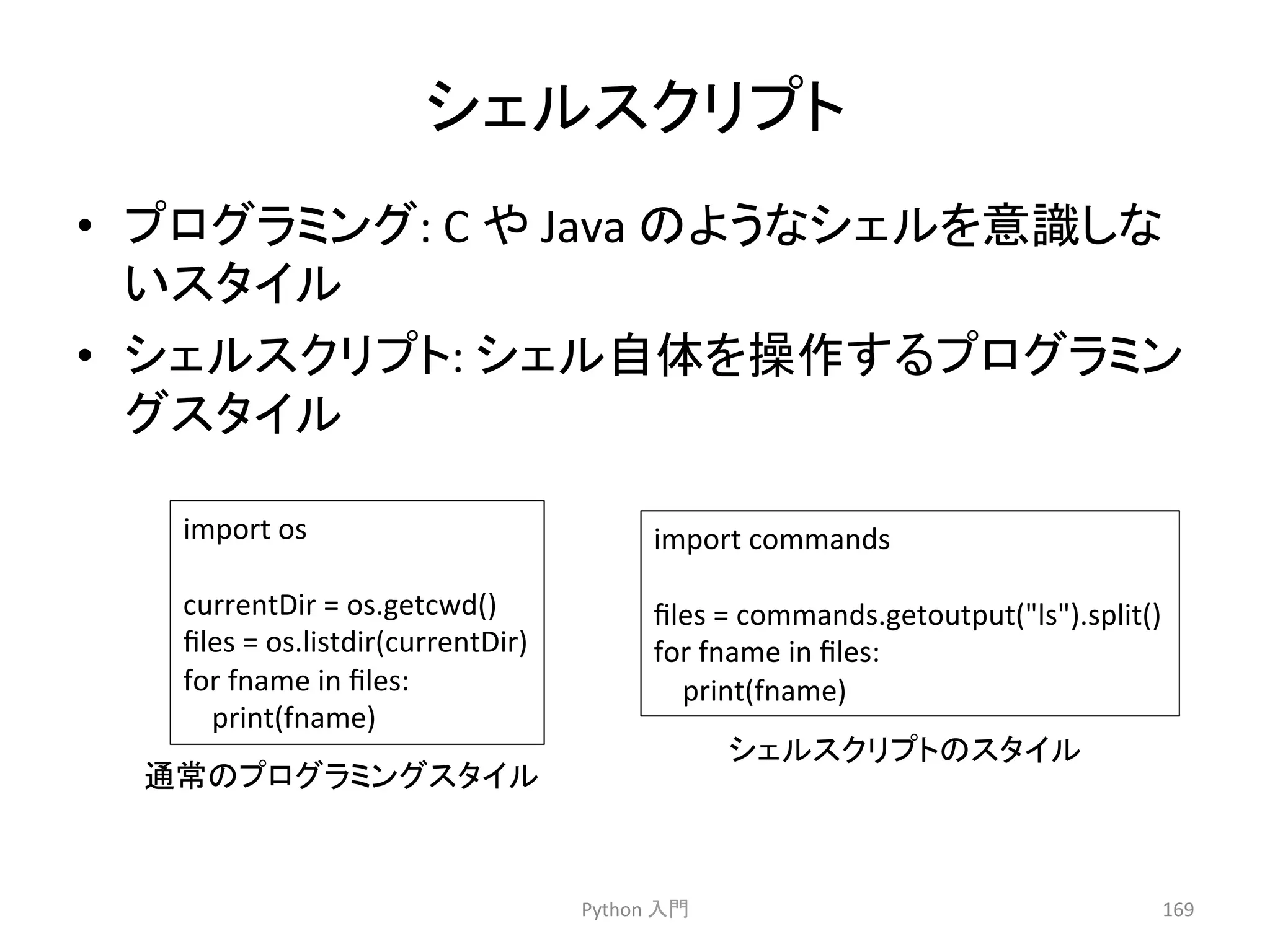䝅䜵䝹䝇䜽䝸䝥䝖 
• 䝥䝻䜾䝷䝭䞁䜾: 
C 
䜔 
Java 
䛾䜘䛖䛺䝅䜵䝹䜢ព㆑䛧䛺 
䛔䝇䝍䜲䝹 
• 䝅䜵䝹䝇䜽䝸䝥䝖: 
䝅䜵䝹⮬య䜢᧯స䛩䜛䝥䝻䜾䝷䝭䞁 
䜾䝇䝍䜲䝹 
Python 
ධ㛛 
169 
import 
os 
currentDir 
= 
os.getcwd() 
files 
= 
os.listdir(currentDir) 
for 
fname 
in 
files: 
print(fname) 
import 
commands 
files 
= 
commands.getoutput(ls).split() 
for 
fname 
in 
files: 
print(fname) 
㏻ᖖ䛾䝥䝻䜾䝷䝭䞁䜾䝇䝍䜲䝹 
䝅䜵䝹䝇䜽䝸䝥䝖䛾䝇䝍䜲䝹 
 