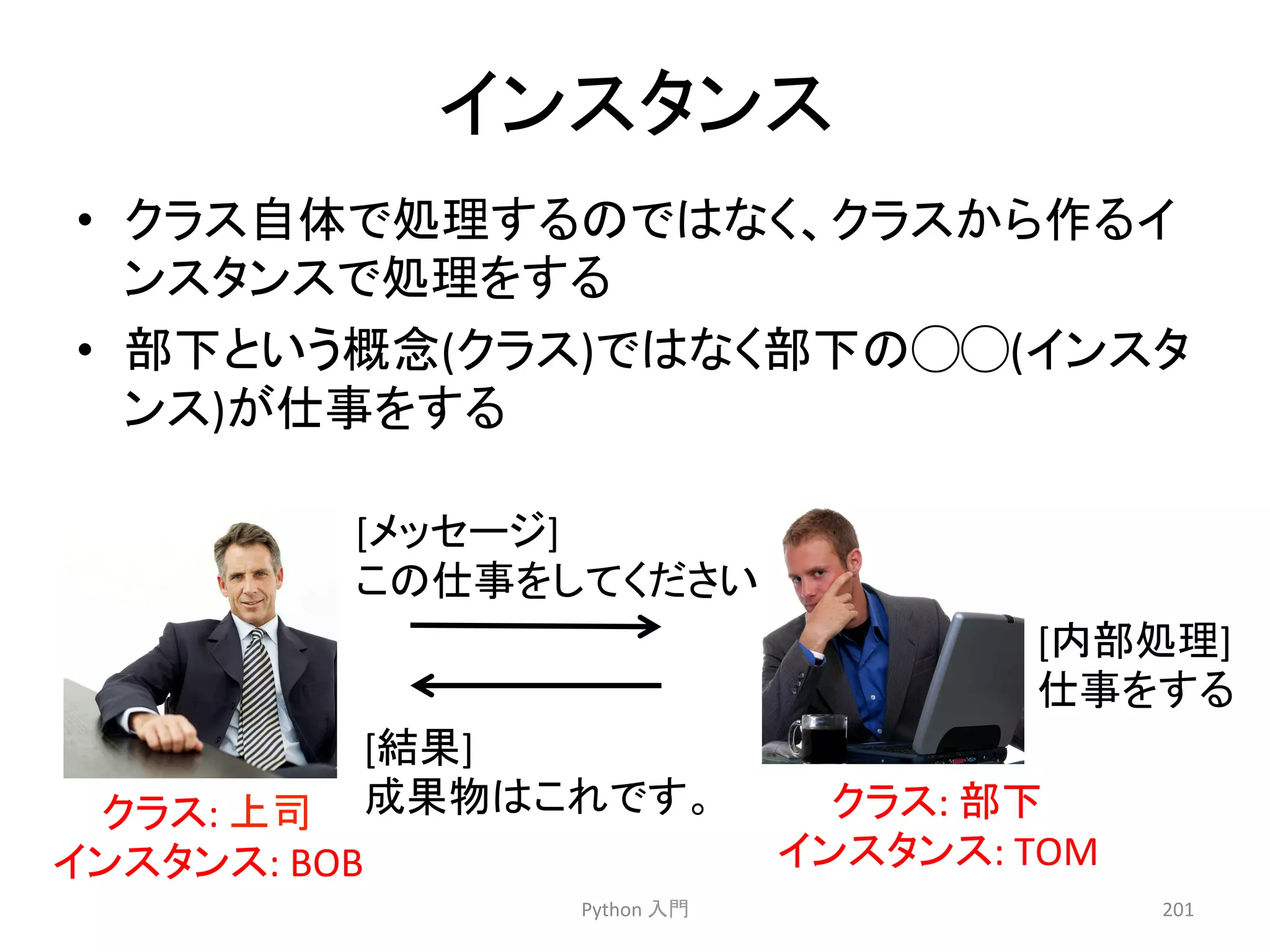 䜲䞁䝇䝍䞁䝇 
• 䜽䝷䝇⮬య䛷ฎ⌮䛩䜛䛾䛷䛿䛺䛟䚸䜽䝷䝇䛛䜙స䜛䜲 
䞁䝇䝍䞁䝇䛷ฎ⌮䜢䛩䜛 
• 㒊ୗ䛸䛔䛖ᴫᛕ(䜽䝷䝇)䛷䛿䛺䛟㒊ୗ䛾䖣䖣(䜲䞁䝇䝍 
䞁䝇)䛜௙஦䜢䛩䜛 
Python 
ධ㛛 
[ෆ㒊ฎ⌮] 
௙஦䜢䛩䜛 
201 
[䝯䝑䝉䞊䝆] 
䛣䛾௙஦䜢䛧䛶䛟䛰䛥䛔 
[⤖ᯝ] 
䜽䝷䝇: 
ୖྖ 
ᡂᯝ≀䛿䛣䜜䛷䛩䚹 
䜲䞁䝇䝍䞁䝇: 
BOB 
䜽䝷䝇: 
㒊ୗ 
䜲䞁䝇䝍䞁䝇: 
TOM 
 