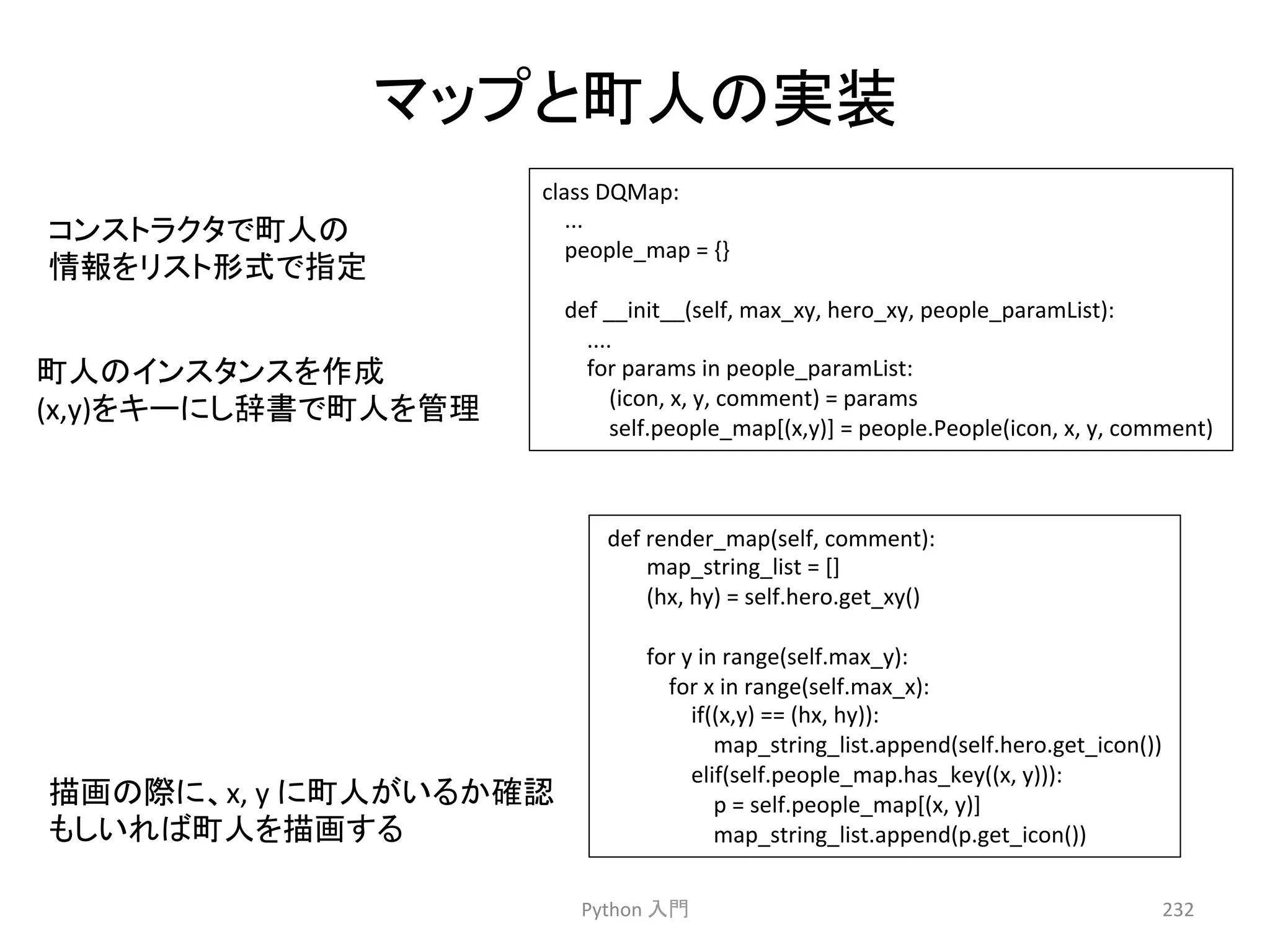 䝬䝑䝥䛸⏫ே䛾ᐇ⿦ 
Python 
ධ㛛 
232 
class 
DQMap: 
... 
people_map 
= 
{} 
def 
__init__(self, 
max_xy, 
hero_xy, 
people_paramList): 
.... 
for 
params 
in 
people_paramList: 
(icon, 
x, 
y, 
comment) 
= 
params 
self.people_map[(x,y)] 
= 
people.People(icon, 
x, 
y, 
comment) 
def 
render_map(self, 
comment): 
map_string_list 
= 
[] 
(hx, 
hy) 
= 
self.hero.get_xy() 
for 
y 
in 
range(self.max_y): 
for 
x 
in 
range(self.max_x): 
if((x,y) 
== 
(hx, 
hy)): 
map_string_list.append(self.hero.get_icon()) 
elif(self.people_map.has_key((x, 
y))): 
p 
= 
self.people_map[(x, 
y)] 
map_string_list.append(p.get_icon()) 
䝁䞁䝇䝖䝷䜽䝍䛷⏫ே䛾 
᝟ሗ䜢䝸䝇䝖ᙧᘧ䛷ᣦᐃ 
⏫ே䛾䜲䞁䝇䝍䞁䝇䜢సᡂ 
(x,y)䜢䜻䞊䛻䛧㎡᭩䛷⏫ே䜢⟶⌮ 
ᥥ⏬䛾㝿䛻䚸x, 
y 
䛻⏫ே䛜䛔䜛䛛☜ㄆ 
䜒䛧䛔䜜䜀⏫ே䜢ᥥ⏬䛩䜛 
 