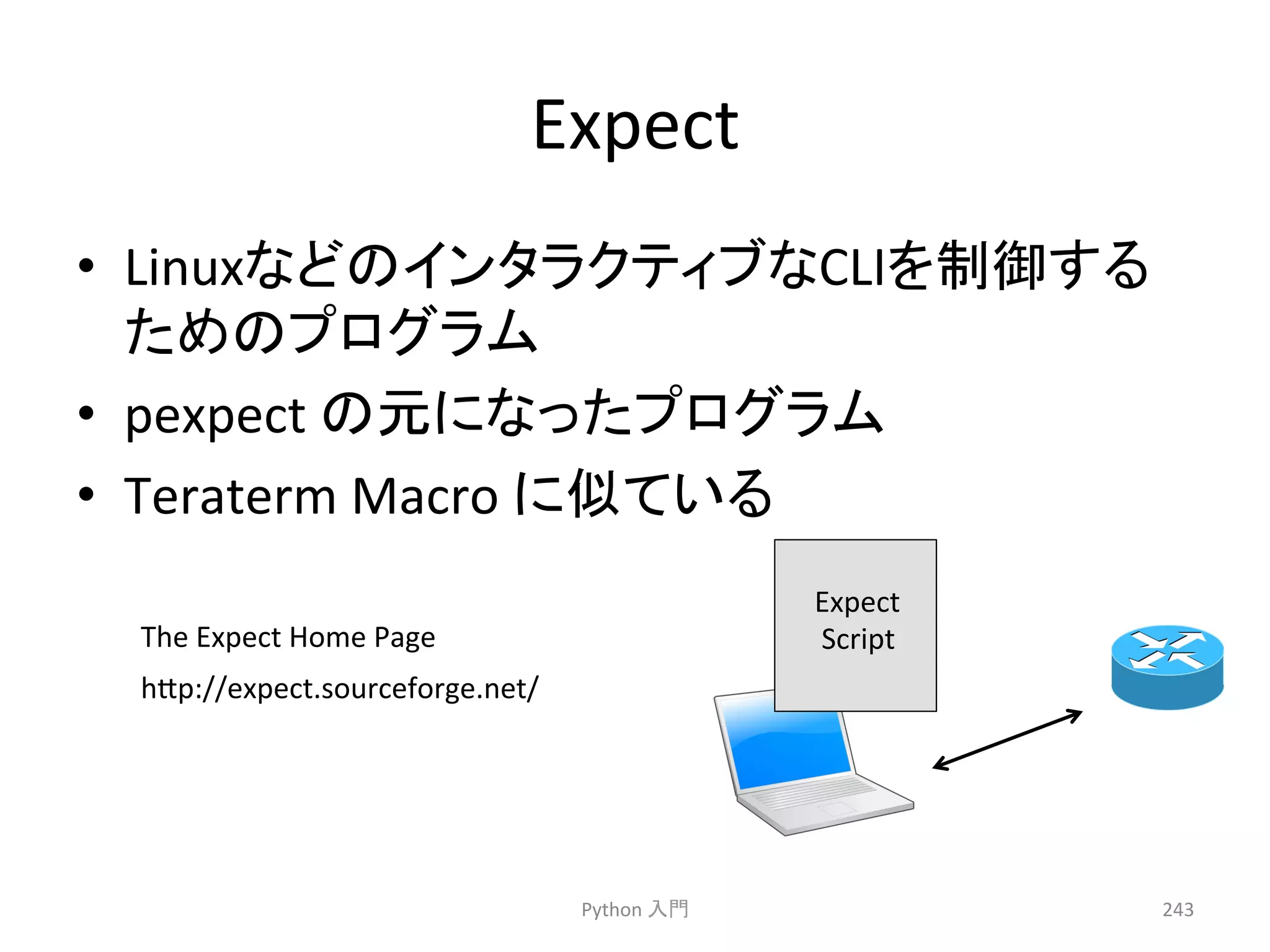 Expect 
• Linux䛺䛹䛾䜲䞁䝍䝷䜽䝔䜱䝤䛺CLI䜢ไᚚ䛩䜛 
䛯䜑䛾䝥䝻䜾䝷䝮 
• pexpect 
䛾ඖ䛻䛺䛳䛯䝥䝻䜾䝷䝮 
• Teraterm 
Macro 
䛻ఝ䛶䛔䜛 
Python 
ධ㛛 
243 
The 
Expect 
Home 
Page 
h7p://expect.sourceforge.net/ 
Expect 
Script 
 