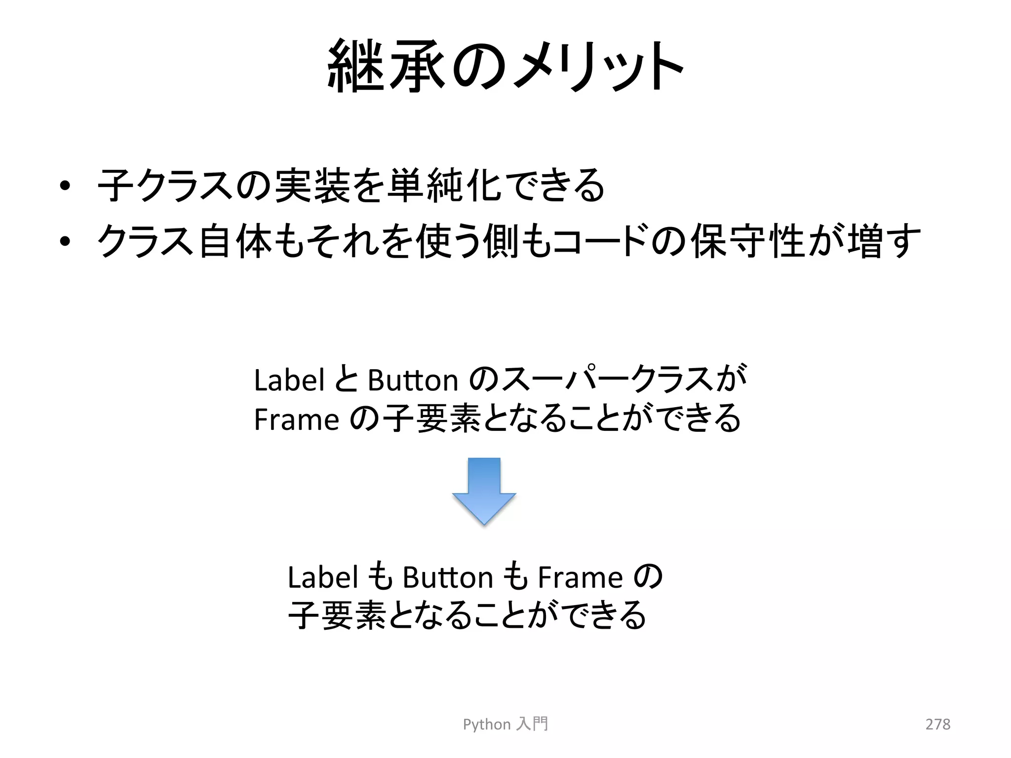 ⥅ᢎ䛾䝯䝸䝑䝖 
• Ꮚ䜽䝷䝇䛾ᐇ⿦䜢༢⣧໬䛷䛝䜛 
• 䜽䝷䝇⮬య䜒䛭䜜䜢౑䛖ഃ䜒䝁䞊䝗䛾ಖᏲᛶ䛜ቑ䛩 
䛾䝇䞊䝟䞊䜽䝷䝇䛜 
䛾Ꮚせ⣲䛸䛺䜛䛣䛸䛜䛷䛝䜛 
Python 
ධ㛛 
278 
Label 
䛸 
Bu7on 
Frame 
Label 
䜒 
Bu7on 
䜒 
Frame 
䛾 
Ꮚせ⣲䛸䛺䜛䛣䛸䛜䛷䛝䜛 
 