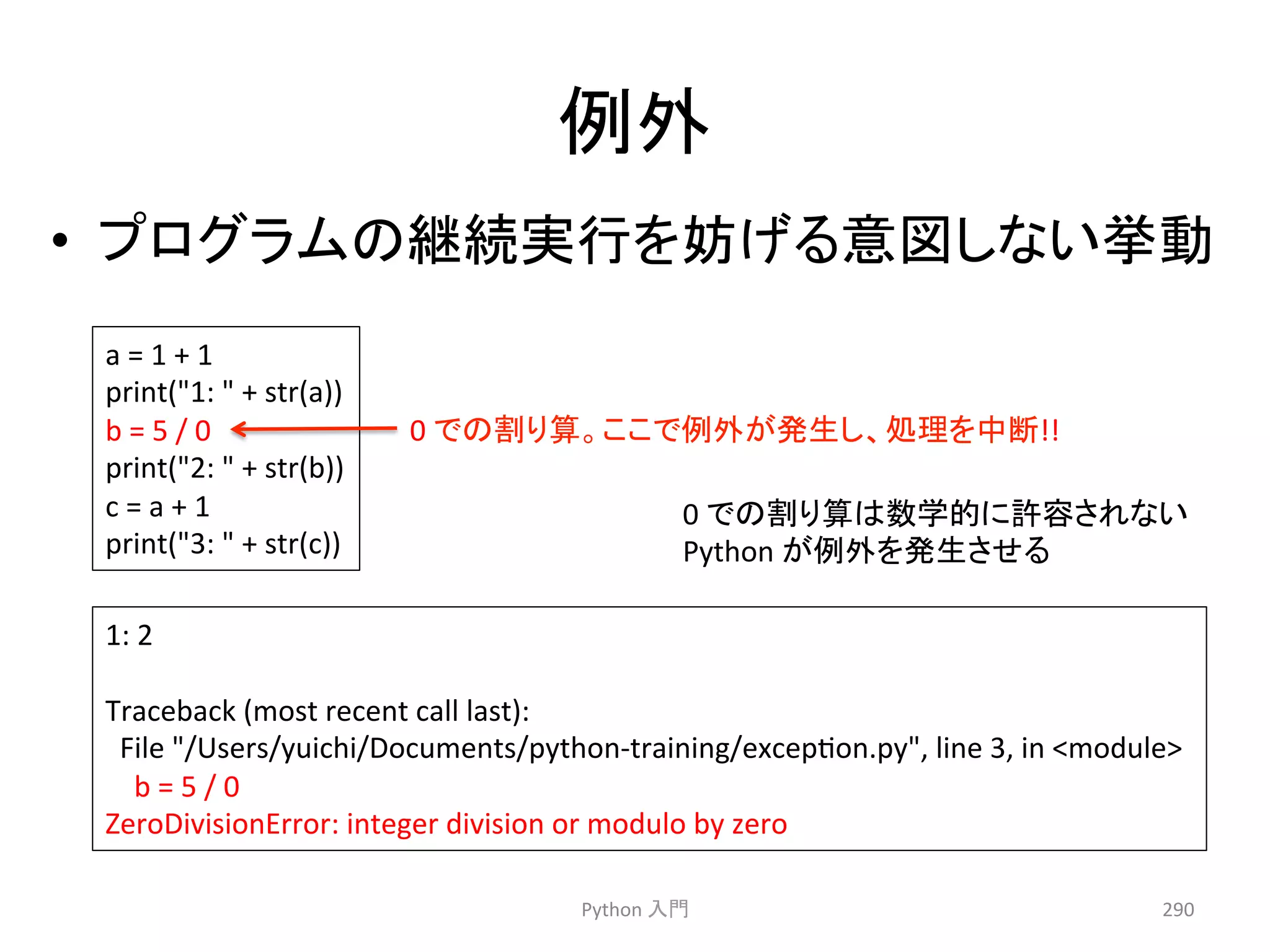 ౛እ 
• 䝥䝻䜾䝷䝮䛾⥅⥆ᐇ⾜䜢ጉ䛢䜛ពᅗ䛧䛺䛔ᣲື 
1: 
2 
Traceback 
(most 
recent 
call 
last): 
File 
/Users/yuichi/Documents/python-­‐training/excepcon.py, 
line 
3, 
in 
module 
b 
= 
5 
/ 
0 
ZeroDivisionError: 
integer 
division 
or 
modulo 
by 
zero 
Python 
ධ㛛 
290 
a 
= 
1 
+ 
1 
print(1: 
 
+ 
str(a)) 
b 
= 
5 
/ 
0 
print(2: 
 
+ 
str(b)) 
c 
= 
a 
+ 
1 
print(3: 
 
+ 
str(c)) 
0 
䛷䛾๭䜚⟬䚹䛣䛣䛷౛እ䛜Ⓨ⏕䛧䚸ฎ⌮䜢୰᩿!! 
0 
䛷䛾๭䜚⟬䛿ᩘᏛⓗ䛻チᐜ䛥䜜䛺䛔 
Python 
䛜౛እ䜢Ⓨ⏕䛥䛫䜛 
 