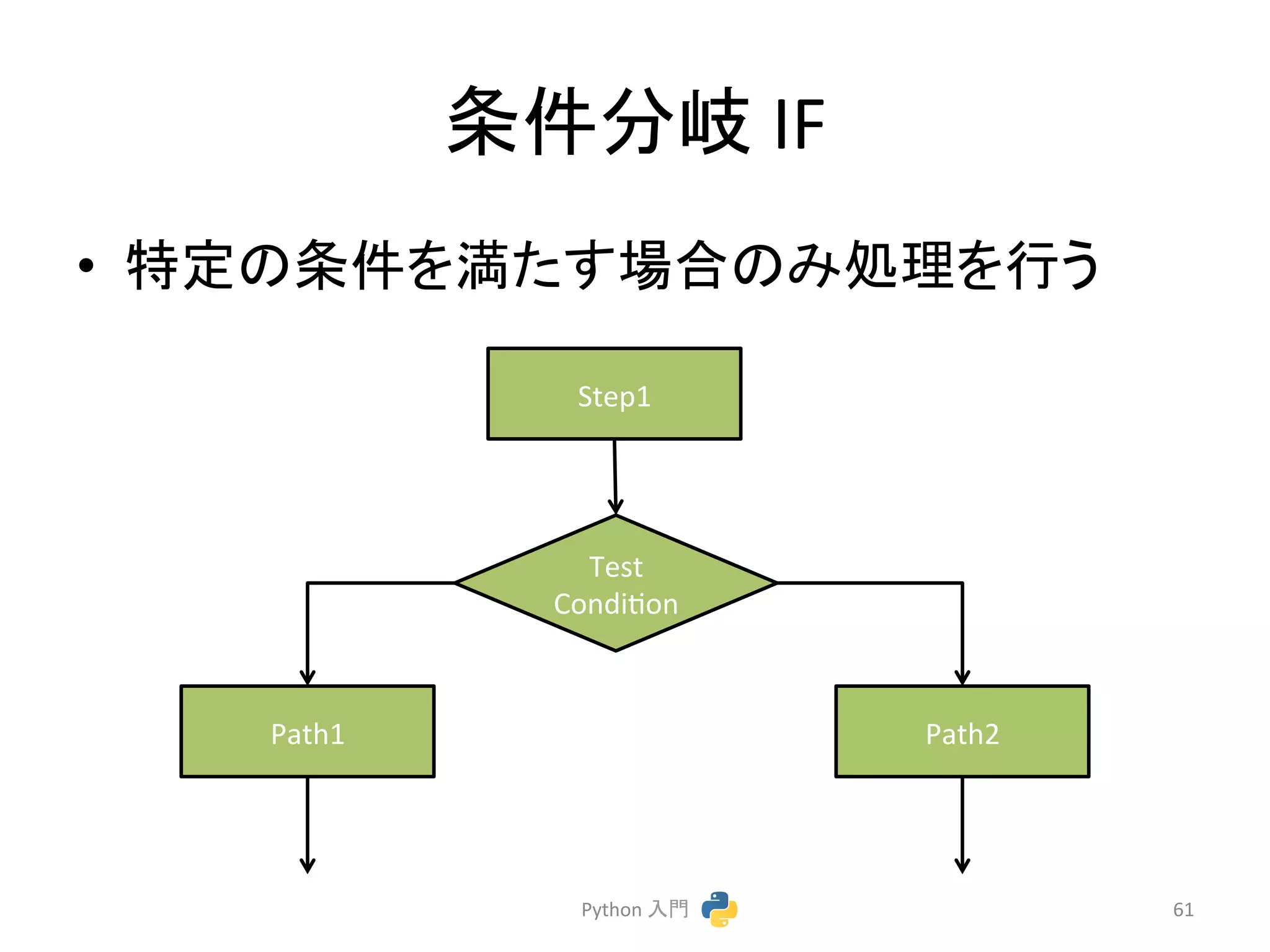 ᮲௳ศᒱ 
IF 
• ≉ᐃ䛾᮲௳䜢‶䛯䛩ሙྜ䛾䜏ฎ⌮䜢⾜䛖 
Python 
ධ㛛 
61 
Step1 
Test 
Condicon 
Path1 
Path2 
 