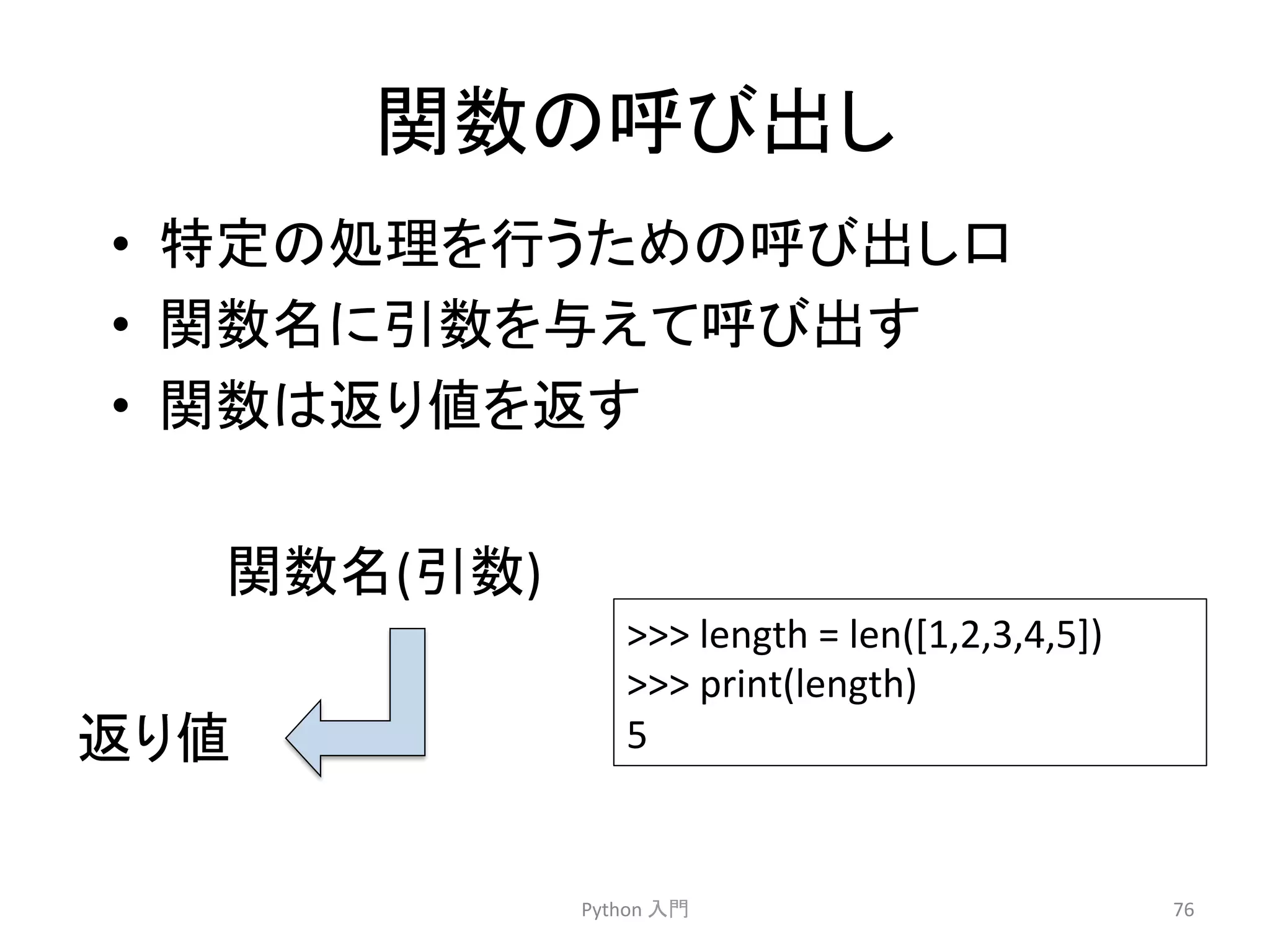 㛵ᩘ䛾࿧䜃ฟ䛧 
• ≉ᐃ䛾ฎ⌮䜢⾜䛖䛯䜑䛾࿧䜃ฟ䛧ཱྀ 
• 㛵ᩘྡ䛻ᘬᩘ䜢୚䛘䛶࿧䜃ฟ䛩 
• 㛵ᩘ䛿㏉䜚್䜢㏉䛩 
Python 
ධ㛛 
76 
㛵ᩘྡ(ᘬᩘ) 
㏉䜚್ 
 
length 
= 
len([1,2,3,4,5]) 
 
print(length) 
5 
 