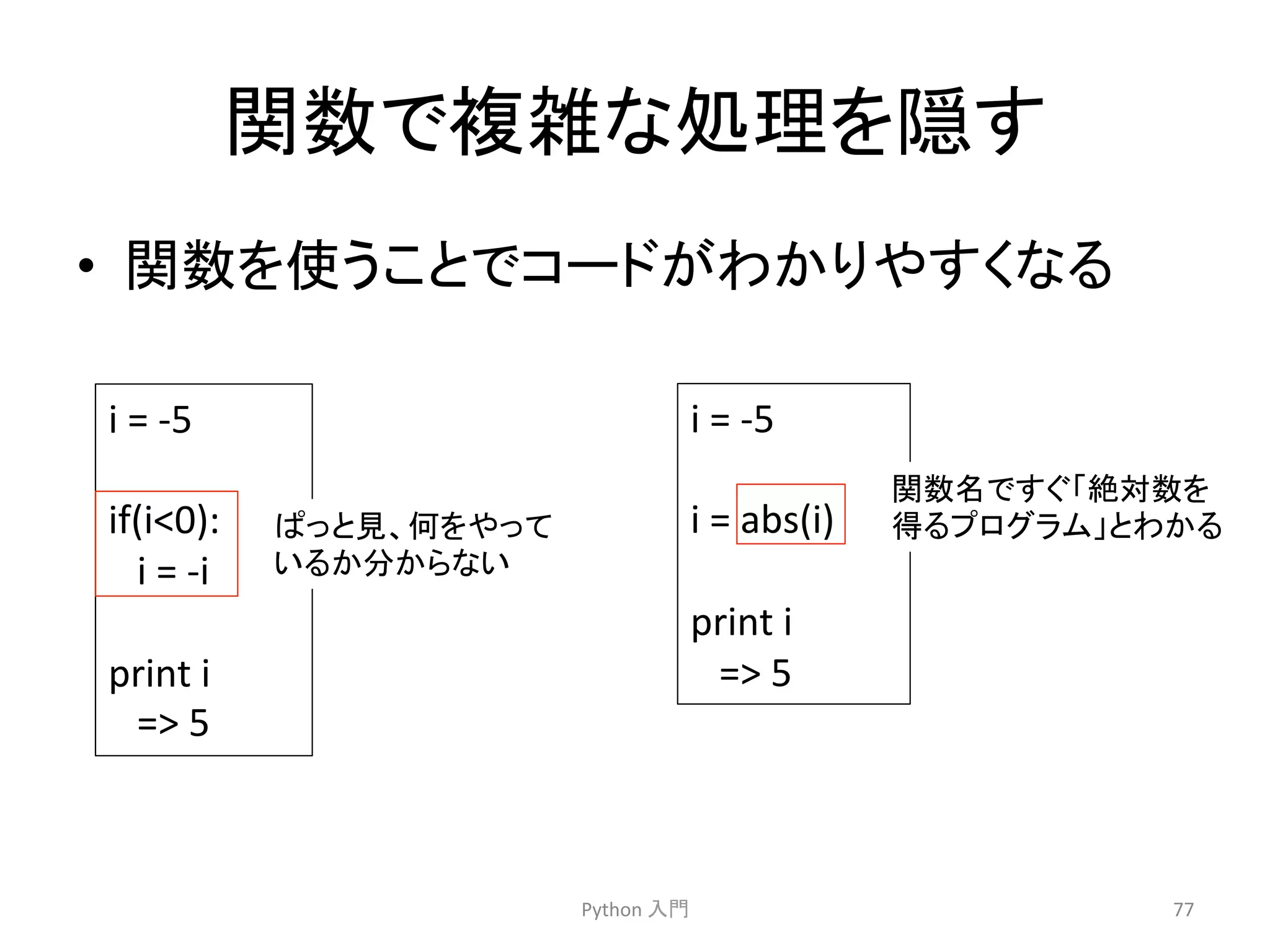 㛵ᩘ䛷」㞧䛺ฎ⌮䜢㞃䛩 
• 㛵ᩘ䜢౑䛖䛣䛸䛷䝁䞊䝗䛜䜟䛛䜚䜔䛩䛟䛺䜛 
Python 
ධ㛛 
77 
i 
= 
-­‐5 
if(i0): 
i 
= 
-­‐i 
print 
i 
= 
5 
䜁䛳䛸ぢ䚸ఱ䜢䜔䛳䛶 
䛔䜛䛛ศ䛛䜙䛺䛔 
i 
= 
-­‐5 
i 
= 
abs(i) 
print 
i 
= 
5 
㛵ᩘྡ䛷䛩䛠䛂⤯ᑐᩘ䜢 
ᚓ䜛䝥䝻䜾䝷䝮䛃䛸䜟䛛䜛 
 