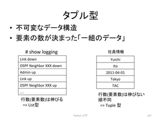䝍䝥䝹ᆺ 
• ୙ྍኚ䛺䝕䞊䝍ᵓ㐀 
• せ⣲䛾ᩘ䛜Ỵ䜎䛳䛯䛂୍⤌䛾䝕䞊䝍䛃 
Python 
ධ㛛 
107 
# 
show 
logging 
Link 
down 
OSPF 
Neighbor 
XXX 
down 
Admin 
up 
Link 
up 
OSPF 
Neighbor 
XXX 
up 
.... 
⾜ᩘ(せ⣲ᩘ)䛿ఙ䜃䜛 
= 
Listᆺ 
♫ဨ᝟ሗ 
Yuichi 
Ito 
2011-­‐04-­‐01 
Tokyo 
TAC 
⾜ᩘ(せ⣲ᩘ)䛿ఙ䜃䛺䛔 
㡰୙ྠ 
= 
Tuple 
ᆺ 
 