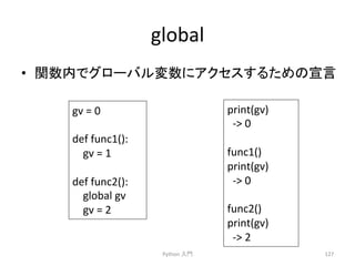 global 
• 㛵ᩘෆ䛷䜾䝻䞊䝞䝹ኚᩘ䛻䜰䜽䝉䝇䛩䜛䛯䜑䛾ᐉゝ 
Python 
ධ㛛 
127 
gv 
= 
0 
def 
func1(): 
gv 
= 
1 
def 
func2(): 
global 
gv 
gv 
= 
2 
print(gv) 
-­‐ 
0 
func1() 
print(gv) 
-­‐ 
0 
func2() 
print(gv) 
-­‐ 
2 
 