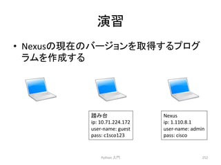 ₇⩦ 
• Nexus䛾⌧ᅾ䛾䝞䞊䝆䝵䞁䜢ྲྀᚓ䛩䜛䝥䝻䜾 
䝷䝮䜢సᡂ䛩䜛 
Python 
ධ㛛 
Nexus 
ip: 
1.110.8.1 
user-­‐name: 
admin 
pass: 
cisco 
252 
㋃䜏ྎ 
ip: 
10.71.224.172 
user-­‐name: 
guest 
pass: 
c1sco123 
 