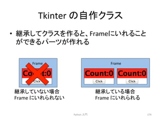 Tkinter 
䛾⮬స䜽䝷䝇 
• ⥅ᢎ䛧䛶䜽䝷䝇䜢స䜛䛸䚸Frame䛻䛔䜜䜛䛣䛸 
䛜䛷䛝䜛䝟䞊䝒䛜స䜜䜛 
Python 
ධ㛛 
279 
Frame 
Frame 
⥅ᢎ䛧䛶䛔䛺䛔ሙྜ 
Frame 
䛻䛔䜜䜙䜜䛺䛔 
⥅ᢎ䛧䛶䛔䜛ሙྜ 
Frame 
䛻䛔䜜䜙䜜䜛 
 