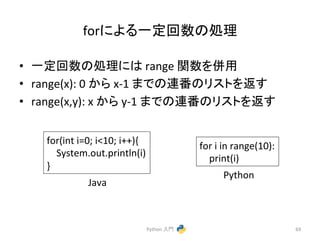 for䛻䜘䜛୍ᐃᅇᩘ䛾ฎ⌮ 
• ୍ᐃᅇᩘ䛾ฎ⌮䛻䛿 
range 
㛵ᩘ䜢ే⏝ 
• range(x): 
0 
䛛䜙 
x-­‐1 
䜎䛷䛾㐃␒䛾䝸䝇䝖䜢㏉䛩 
• range(x,y): 
x 
䛛䜙 
y-­‐1 
䜎䛷䛾㐃␒䛾䝸䝇䝖䜢㏉䛩 
Python 
ධ㛛 
69 
for(int 
i=0; 
i10; 
i++){ 
System.out.println(i) 
} 
for 
i 
in 
range(10): 
print(i) 
Java 
Python 
 