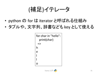 (⿵㊊)䜲䝔䝺䞊䝍 
• python 
䛾㻌for 
䛿 
iterator 
䛸࿧䜀䜜䜛௙⤌䜏 
• 䝍䝥䝹䜔䚸ᩥᏐิ䚸㎡᭩䛺䛹䜒 
key 
䛸䛧䛶౑䛘䜛 
Python 
ධ㛛 
70 
for 
char 
in 
hello: 
print(char) 
= 
h 
e 
l 
l 
o 
 
