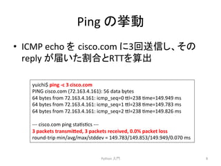 Ping 
䛾ᣲື 
• ICMP 
echo 
䜢㻌cisco.com 
䛻3ᅇ㏦ಙ䛧䚸䛭䛾 
reply 
䛜ᒆ䛔䛯๭ྜ䛸RTT䜢⟬ฟ 
Python 
ධ㛛 
8 
yuichi$ 
ping 
-­‐c 
3 
cisco.com 
PING 
cisco.com 
(72.163.4.161): 
56 
data 
bytes 
64 
bytes 
from 
72.163.4.161: 
icmp_seq=0 
7l=238 
cme=149.949 
ms 
64 
bytes 
from 
72.163.4.161: 
icmp_seq=1 
7l=238 
cme=149.783 
ms 
64 
bytes 
from 
72.163.4.161: 
icmp_seq=2 
7l=238 
cme=149.826 
ms 
-­‐-­‐-­‐ 
cisco.com 
ping 
stacsccs 
-­‐-­‐-­‐ 
3 
packets 
transmi4ed, 
3 
packets 
received, 
0.0% 
packet 
loss 
round-­‐trip 
min/avg/max/stddev 
= 
149.783/149.853/149.949/0.070 
ms 
 