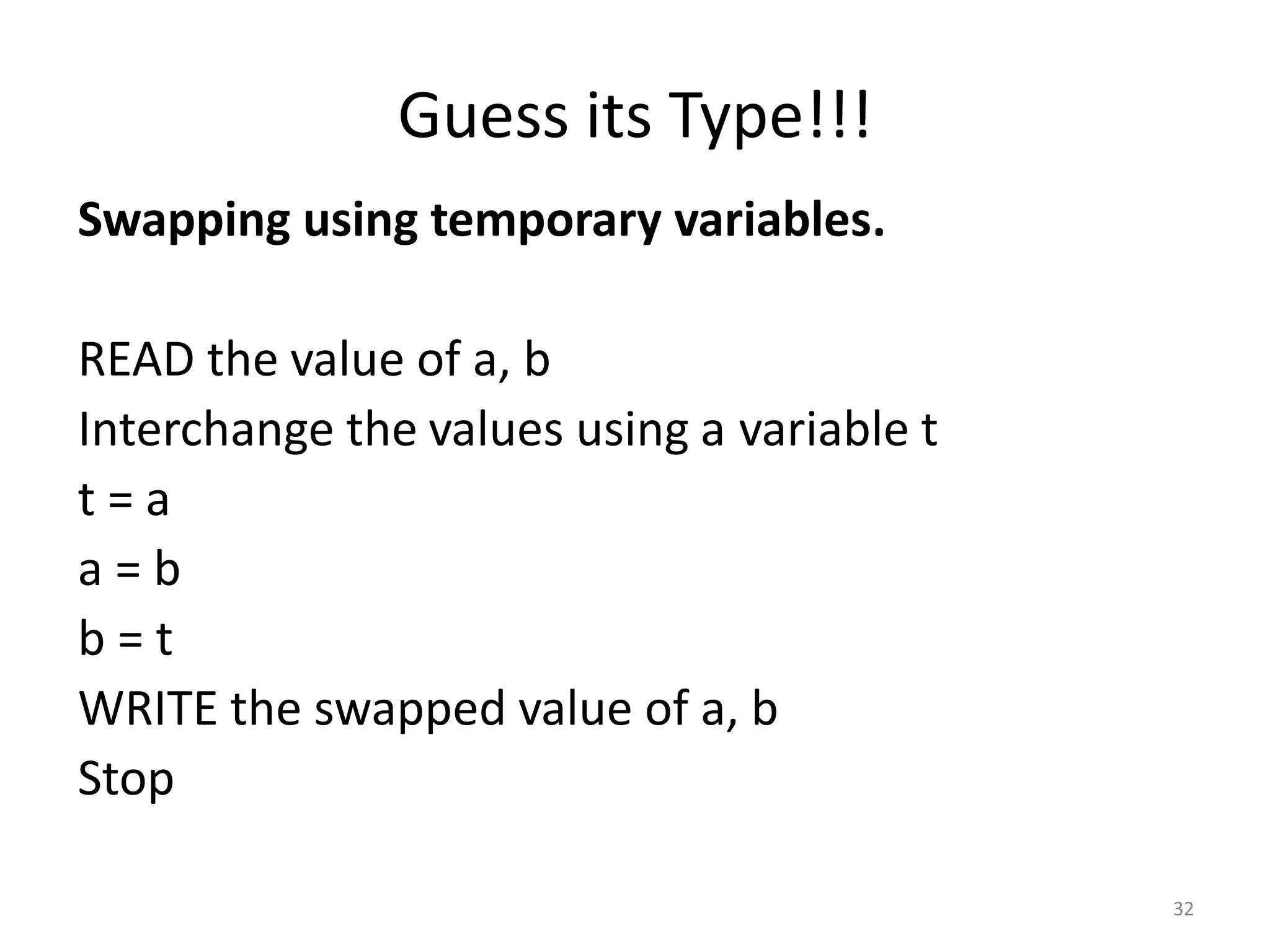 Guess its Type!!! Swapping using temporary variables. READ the value of a, b Interchange the values using a variable t t = a a = b b = t WRITE the swapped value of a, b Stop 32 