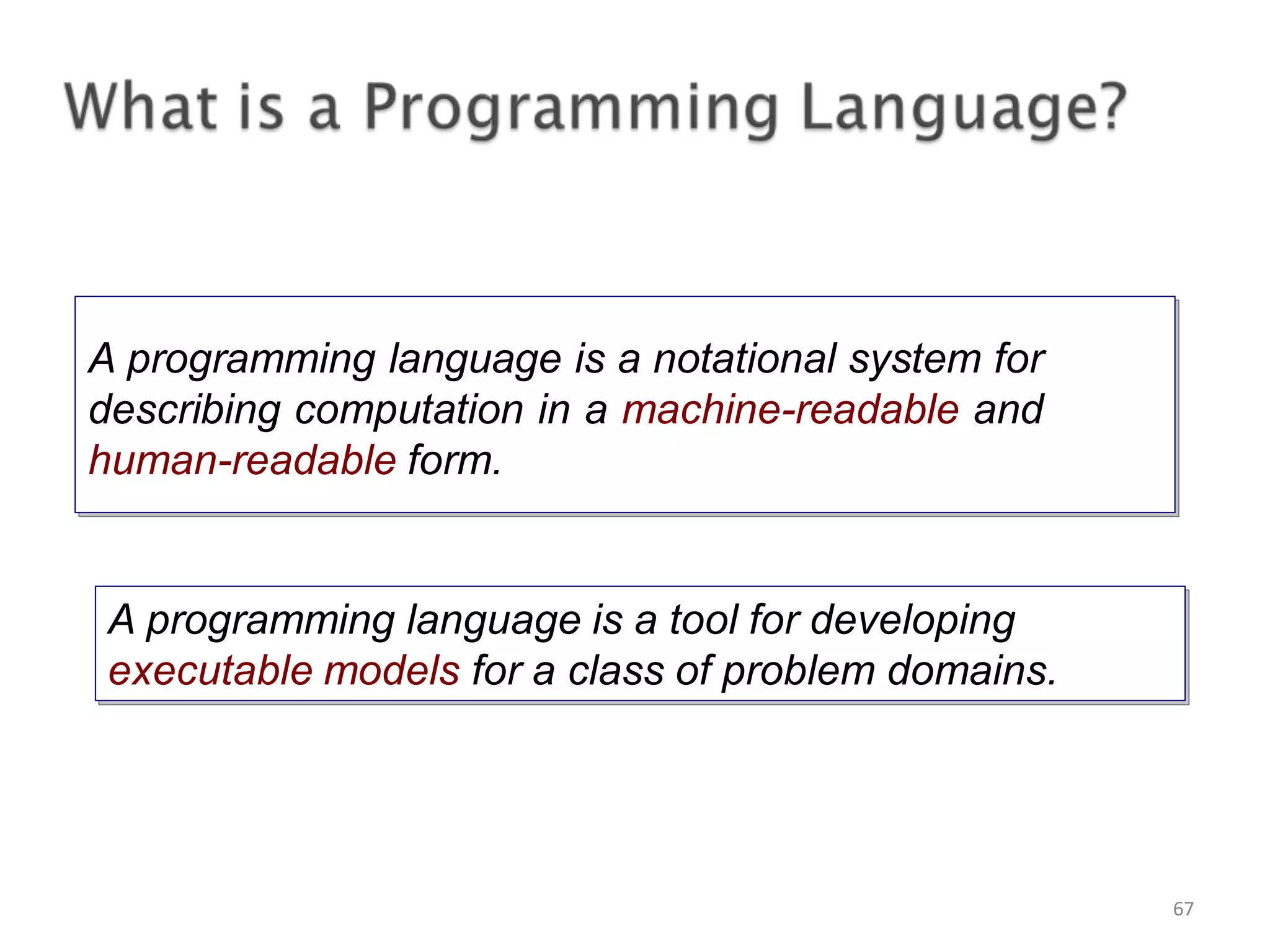 A programming language is a notational system for describing computation in a machine-readable and human-readable form. A programming language is a notational system for describing computation in a machine-readable and human-readable form. 67 A programming language is a tool for developing executable models for a class of problem domains. A programming language is a tool for developing executable models for a class of problem domains. 