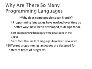 Why does some people speak French?
Programming languages have evolved over time as
better ways have been developed to design them.
69
◦ First programming languages were developed in the
1950s
◦ Since then thousands of languages have been developed
Different programming languages are designed for
different types of programs.
 