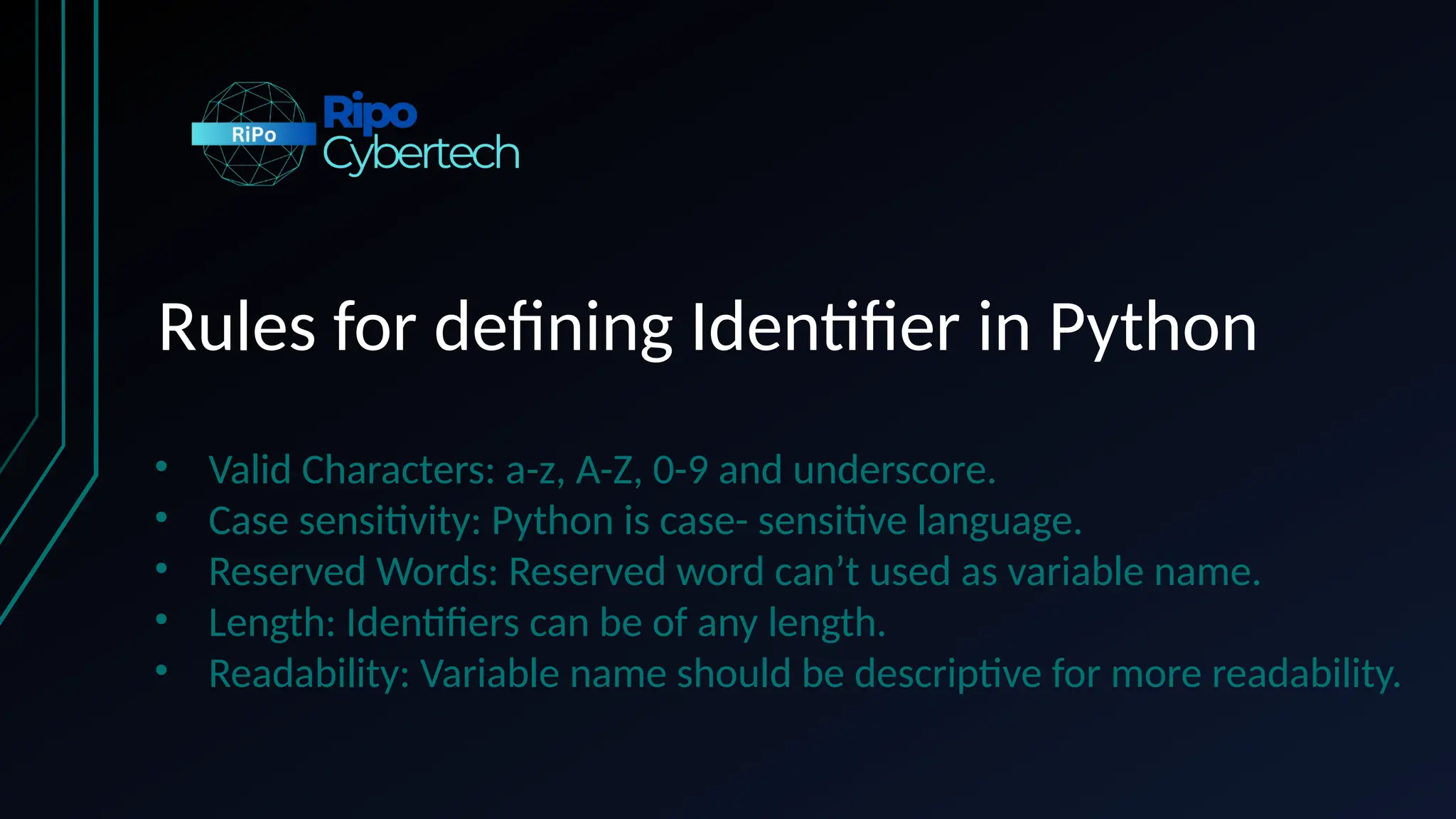 Rules for defining Identifier in Python
• Valid Characters: a-z, A-Z, 0-9 and underscore.
• Case sensitivity: Python is case- sensitive language.
• Reserved Words: Reserved word can’t used as variable name.
• Length: Identifiers can be of any length.
• Readability: Variable name should be descriptive for more readability.
 