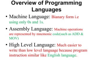 Overview of Programming
Languages
• Machine Language: Bianary form i.e
using only 0s and 1s.
• Assembly Language: Machine ...