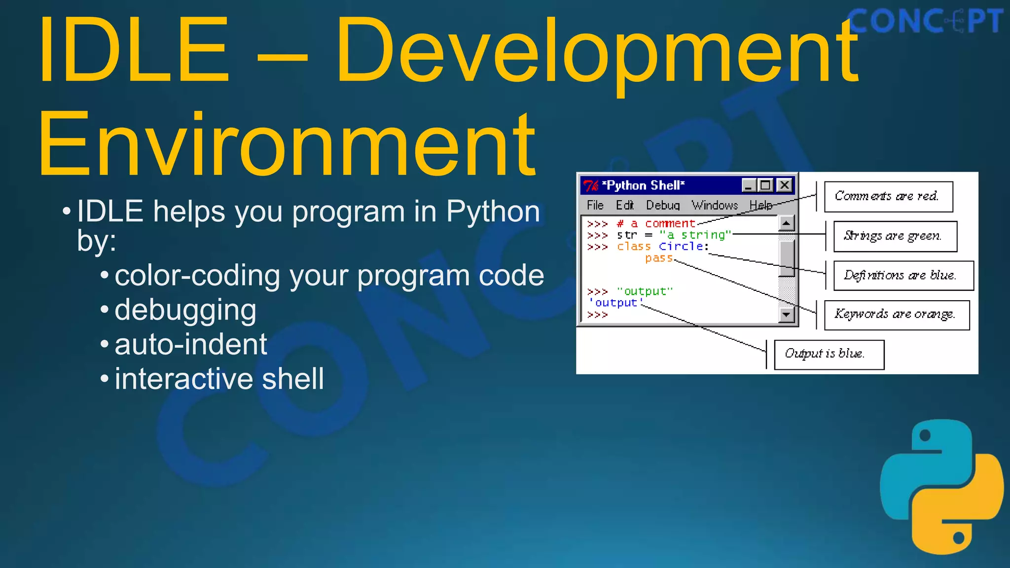 IDLE – Development
Environment
•IDLE helps you program in Python
by:
• color-coding your program code
• debugging
• auto-indent
• interactive shell
 