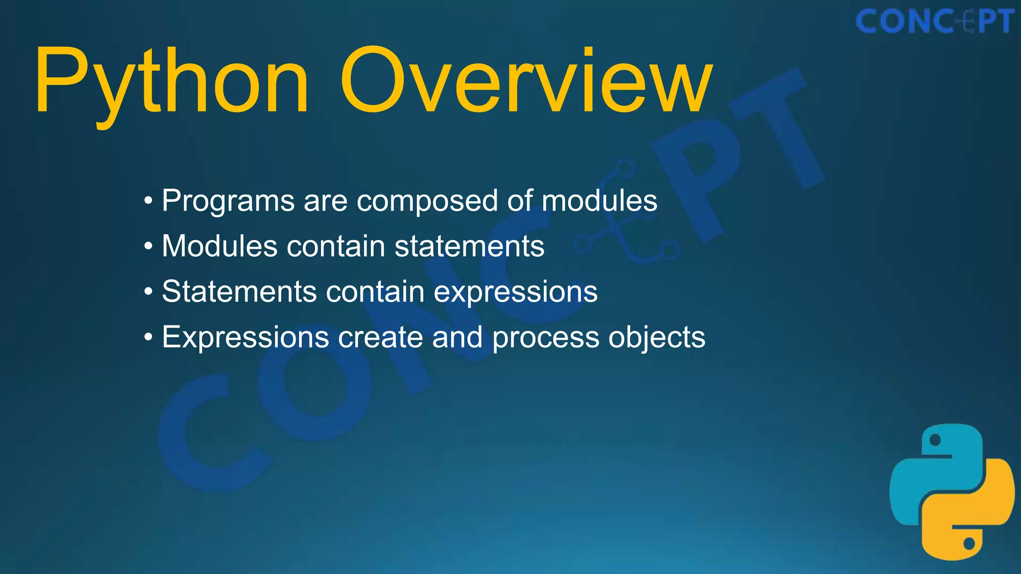 Python Overview
• Programs are composed of modules
• Modules contain statements
• Statements contain expressions
• Expressions create and process objects
 