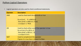 Python Logical Operators
• Logical operators are also used to check conditional statements.
Operator Description
AND used to check both the operands or true
Ex a=2,b=2 if a AND b=2
then print(‘ a AND b is’, True)
i.e output is TRUE
OR Used to check either one of the operator is true
Ex a=2,b=3 if a OR b =3
then print(‘ a OR b is ’, 3)
i.e output is b=3.
NOT Used to complement the operator
If given X is true then it shows it is false .
 