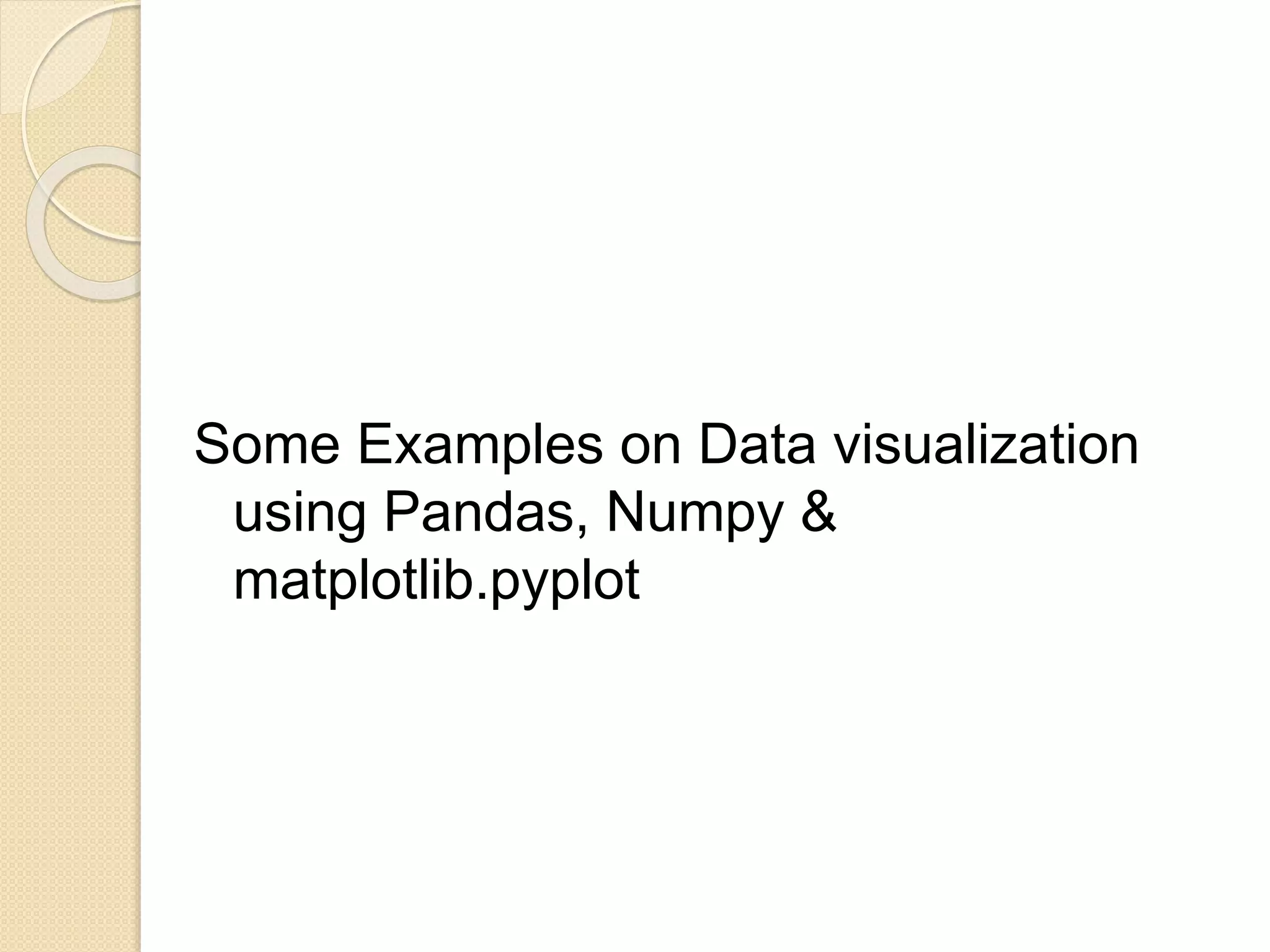 Some Examples on Data visualization
using Pandas, Numpy &
matplotlib.pyplot
 