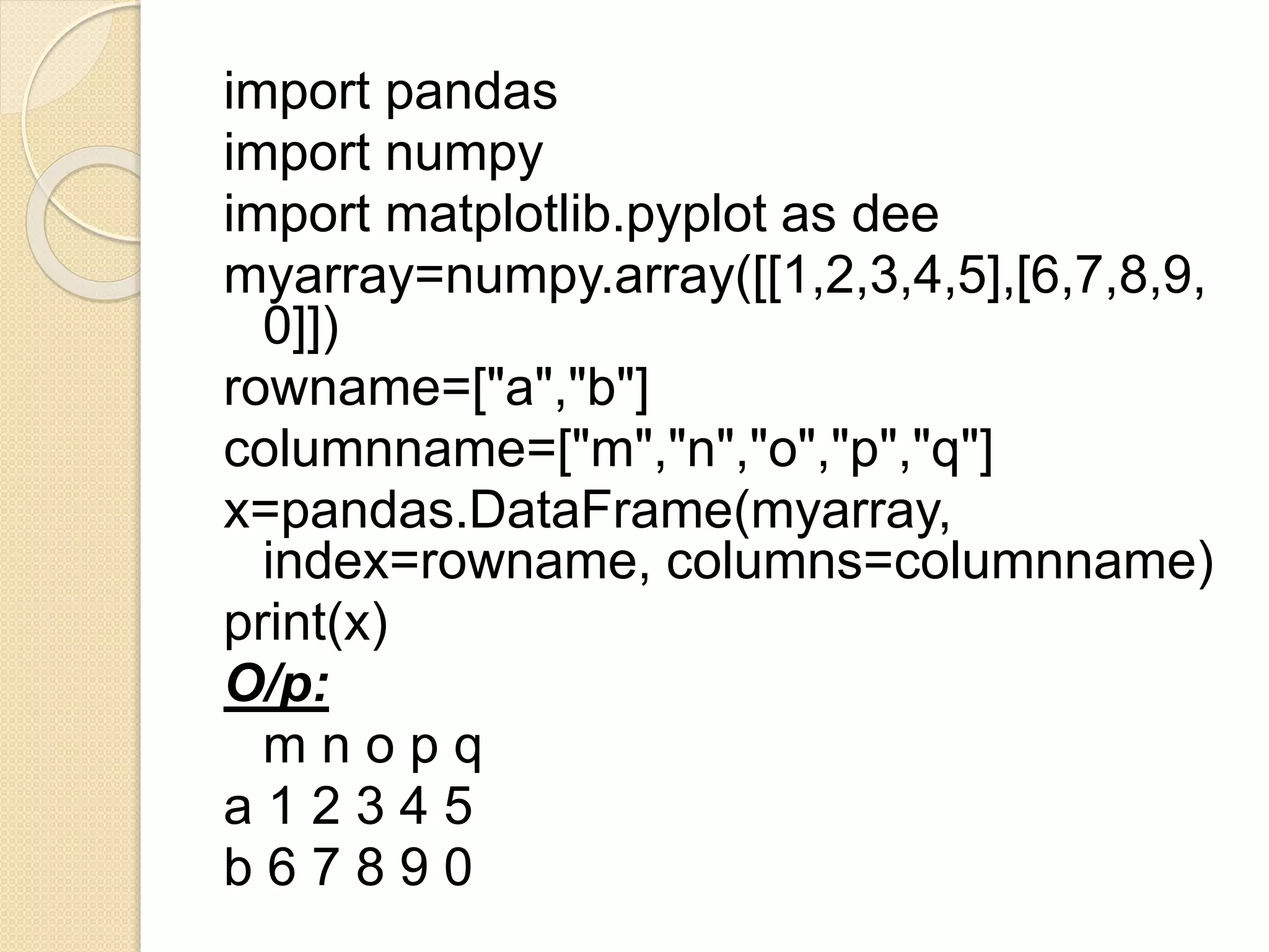 import pandas
import numpy
import matplotlib.pyplot as dee
myarray=numpy.array([[1,2,3,4,5],[6,7,8,9,
0]])
rowname=["a","b"]
columnname=["m","n","o","p","q"]
x=pandas.DataFrame(myarray,
index=rowname, columns=columnname)
print(x)
O/p:
m n o p q
a 1 2 3 4 5
b 6 7 8 9 0
 