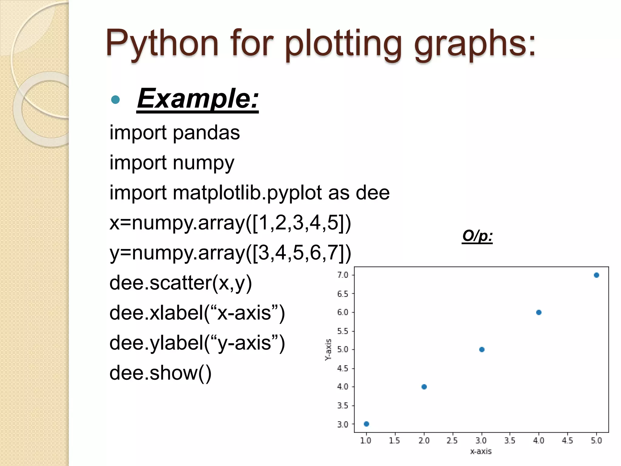 Python for plotting graphs:
 Example:
import pandas
import numpy
import matplotlib.pyplot as dee
x=numpy.array([1,2,3,4,5])
y=numpy.array([3,4,5,6,7])
dee.scatter(x,y)
dee.xlabel(“x-axis”)
dee.ylabel(“y-axis”)
dee.show()
O/p:
 