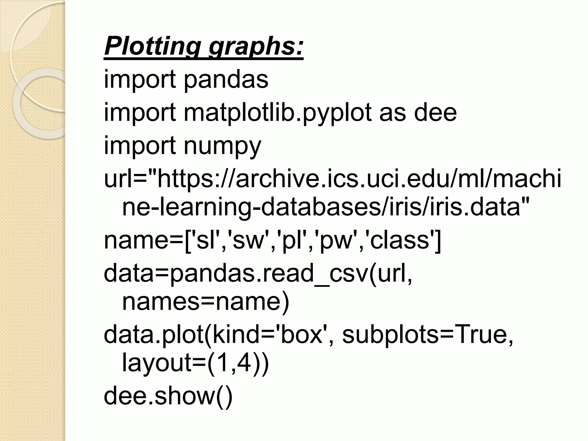 Plotting graphs:
import pandas
import matplotlib.pyplot as dee
import numpy
url="https://archive.ics.uci.edu/ml/machi
ne-learning-databases/iris/iris.data"
name=['sl','sw','pl','pw','class']
data=pandas.read_csv(url,
names=name)
data.plot(kind='box', subplots=True,
layout=(1,4))
dee.show()
 